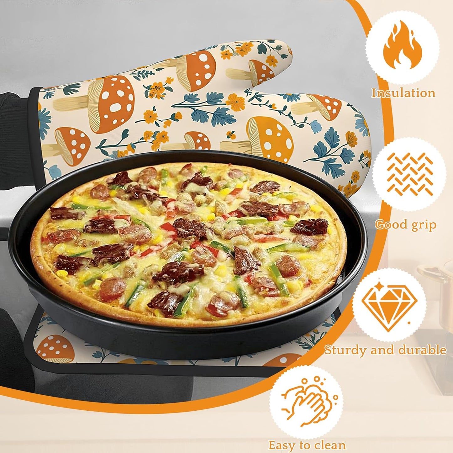 Cute Mushroom Forest Oven Mitts and Pot Holders,Floral Flower Heat Resistant Oven Mitts Gloves and Pot Holder for Home Kitchen Decorations Cooking Baking BBQ Gifts,Set of 4