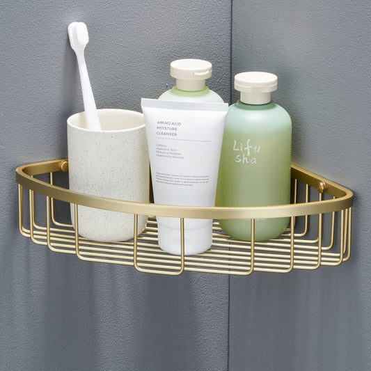 Bathroom Shower Caddy Corner Shelf Basket, Corner-Hollow Design, Ultra Sturdy Rust-Proof Stainless Steel Shelf Organizer Shampoo Holder, Wall Mounted Storage Rack for Bathroom, Brushed Gold