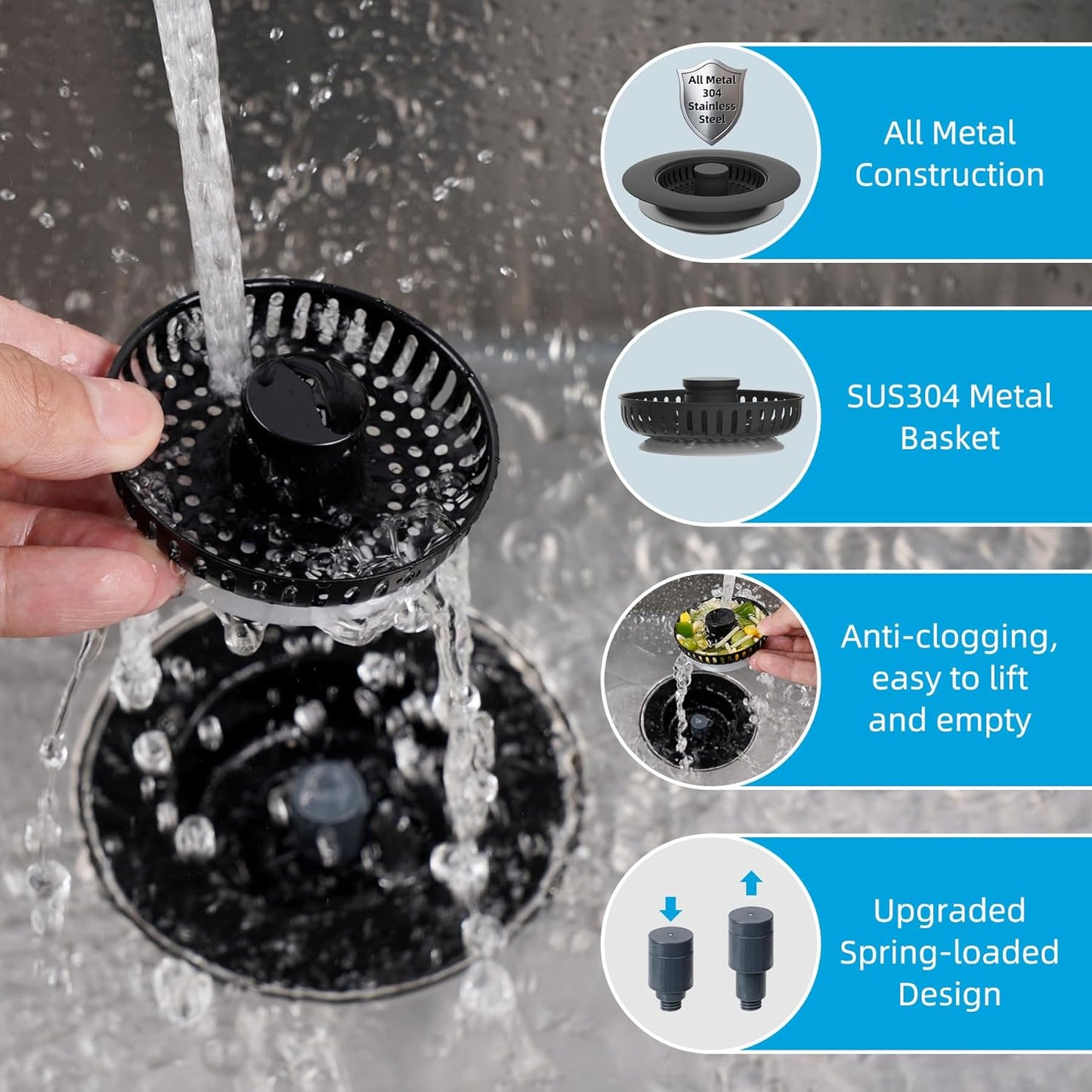 Hibbent All Metal Stainless Steel 3 in 1 Kitchen Sink Drain Strainer, Upgraded Sink Stop Combo, 3 Anti-Clogging Stainless Steel Baskets Strainer with Metal Handle for US Standard 3-1/2" Drain, Black