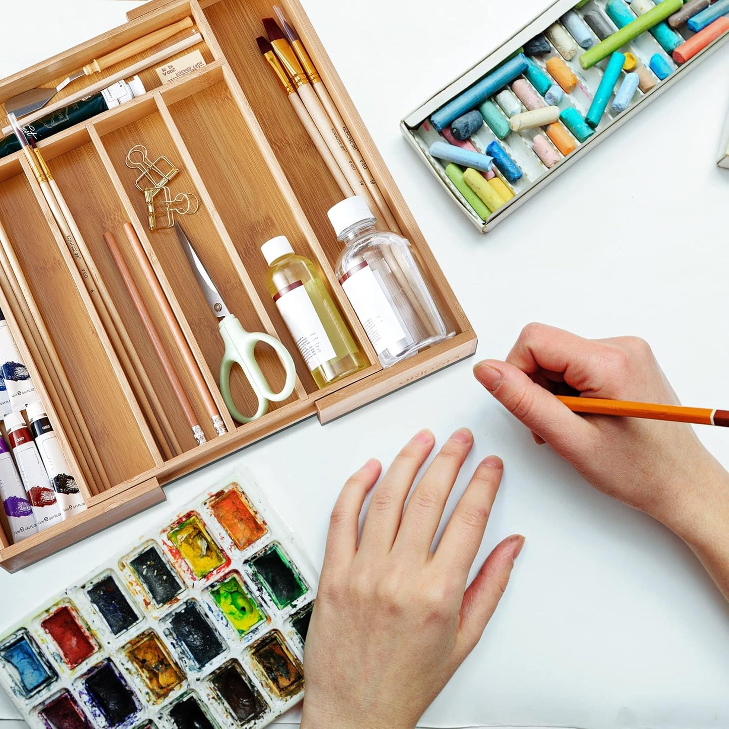 2-Piece Bamboo Silverware Organizer, Expandable Kitchen Drawer Organizer for Cutlery and Utensils, Multifunction Adjustable Bamboo Wood Cutlery Tray in Drawer for Flatware, (Natural)