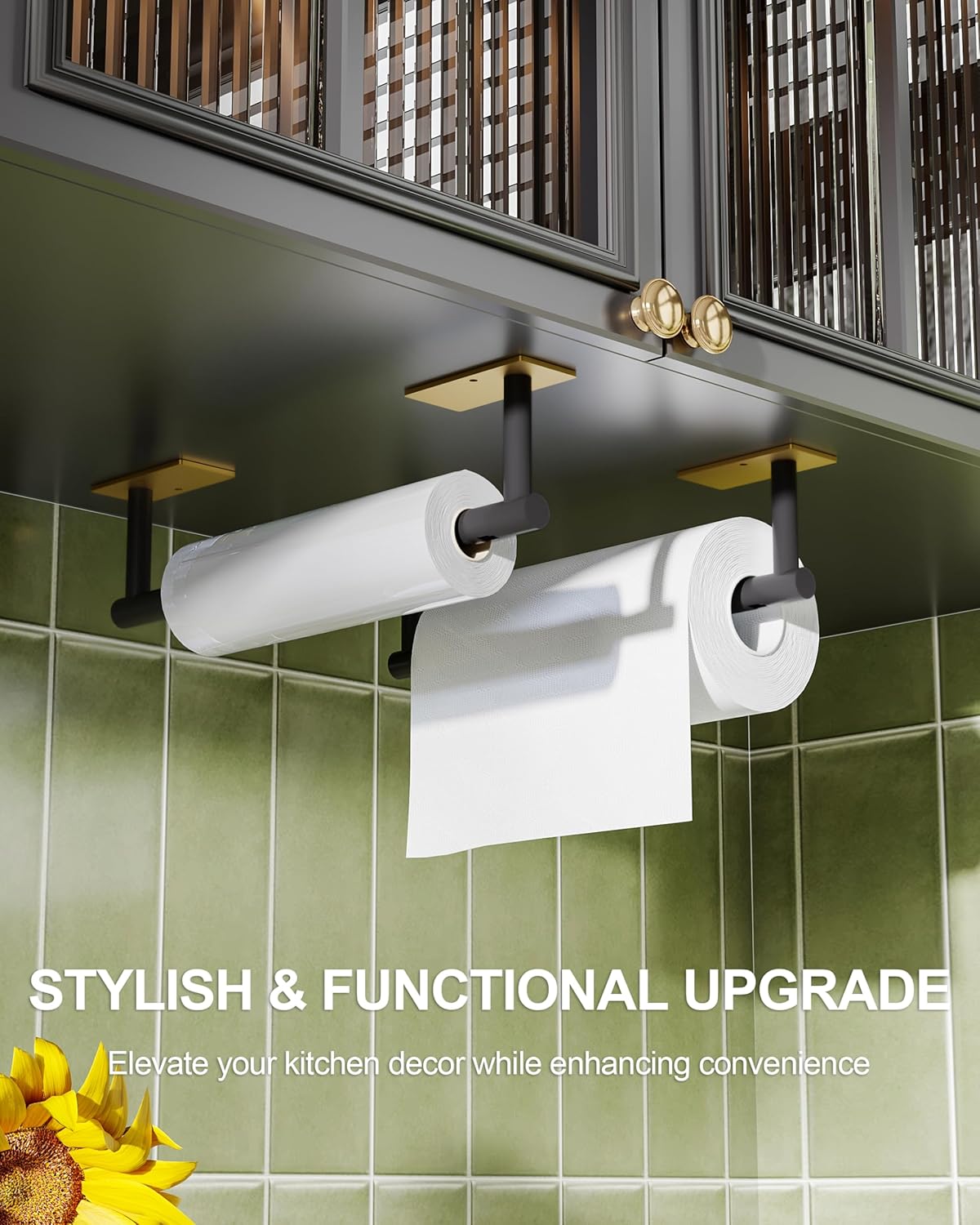 Paper Towel Holder Under Cabinet, Self Adhesive or Wall Mounted SUS304 Stainless Steel Paper Towel Holder Black and Gold for Kitchen, Bathroom, Farmhouse, Barbecue and Laundry (Black&Gold)