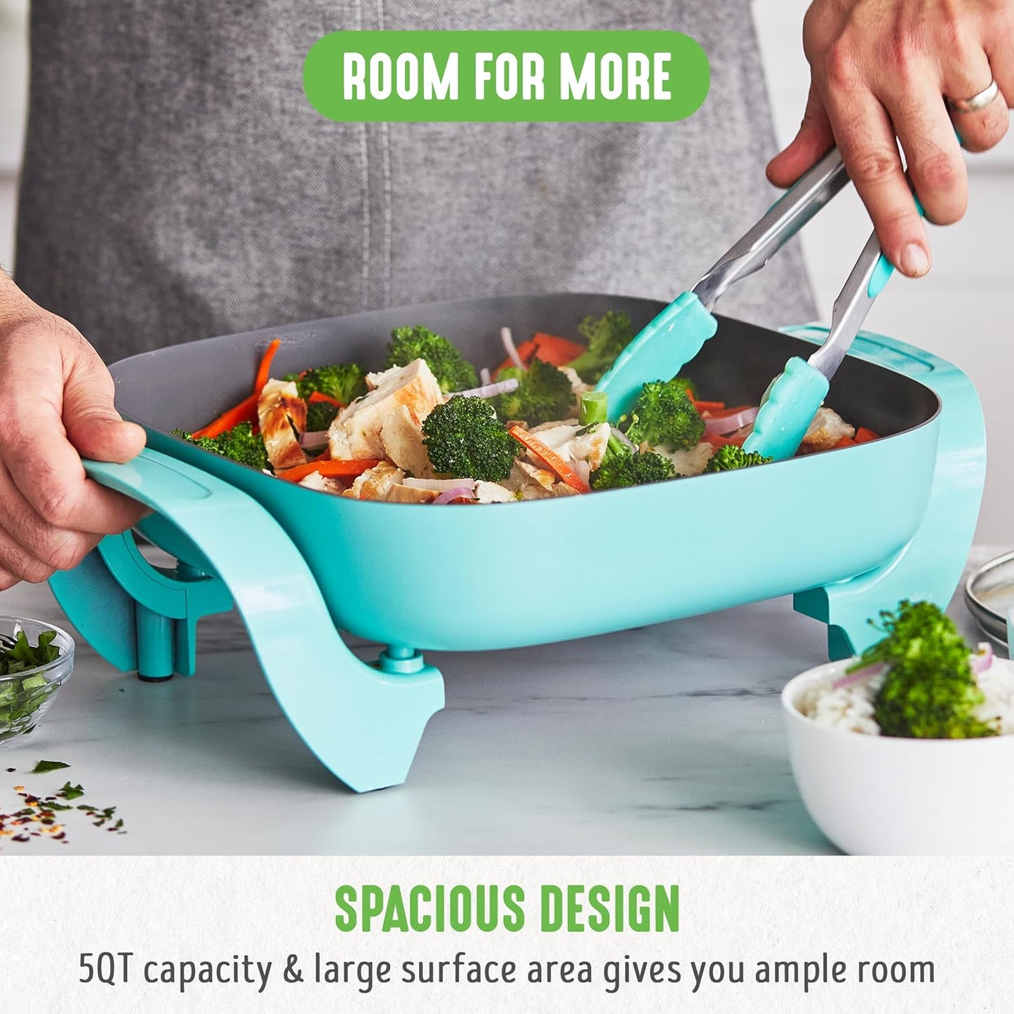 GreenLife 12" 5QT Square Electric Skillet, Glass Vented Lid, Ceramic PFAS-Free Nonstick Interior, Adjustable Temperature Control, Cool Touch Handles, Quick Even Heating, Scratch Resistant, Turquoise