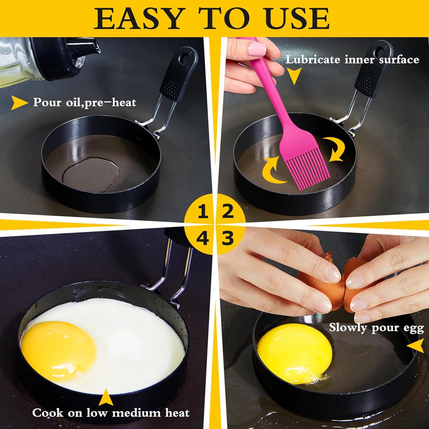 4 packs 3.5'' Egg Rings Set with Silicone Handle, Stainless Steel Egg Cooking Rings,Nonstick，For Frying Eggs and Egg Mcmuffins, Egg Mold For Breakfast