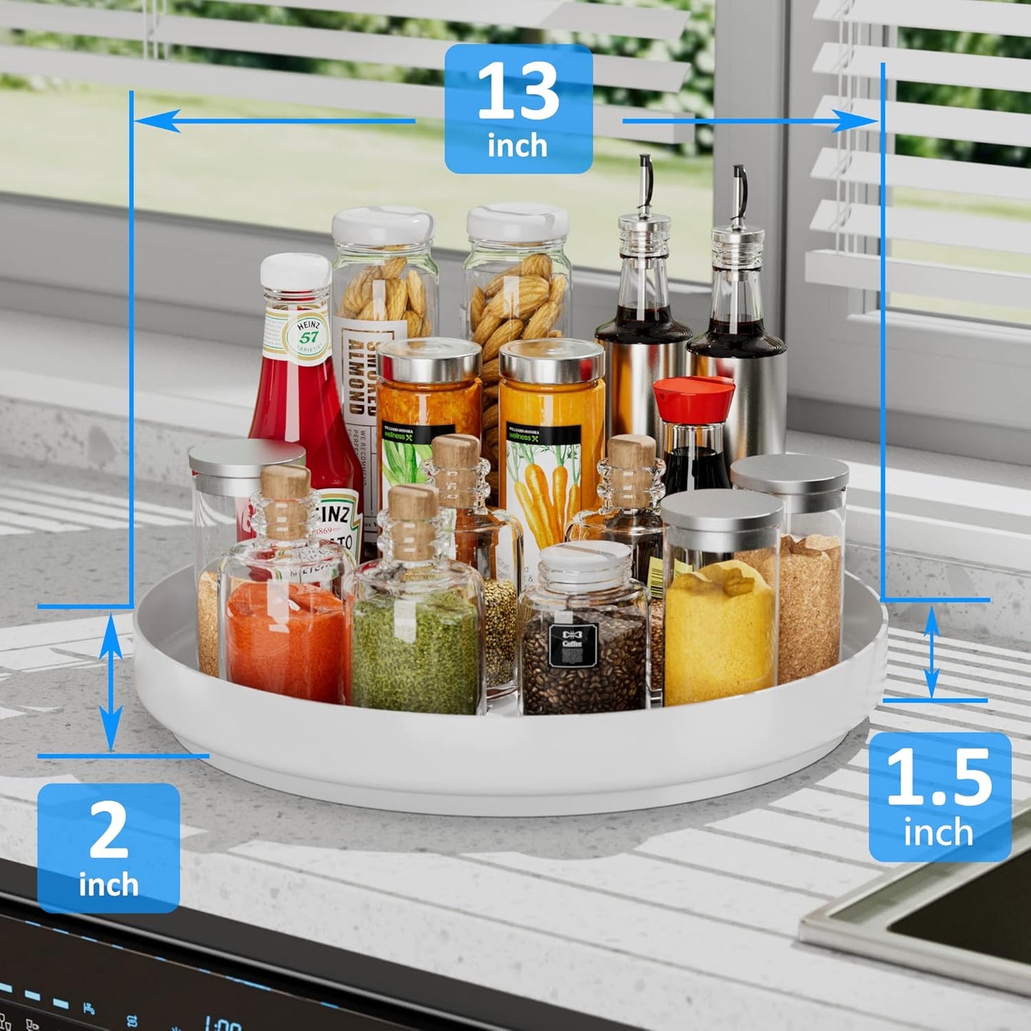 Ovicar Lazy Susan Cabinet Organizer - 13 inch Metal Turntable Lazy Susan for Kitchen Spice Rack Pantry Cupboard Bathroom Countertop Refrigerator Table Storage, White