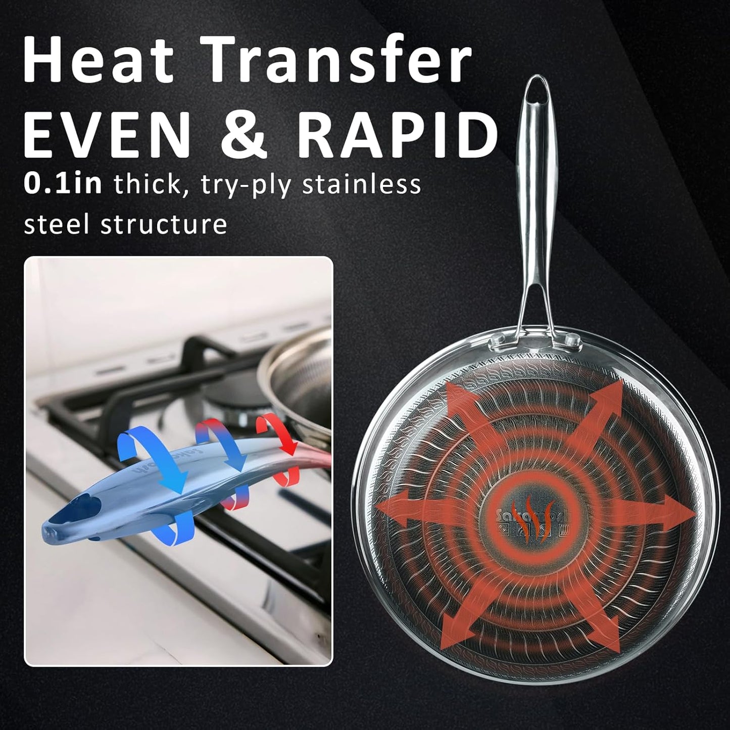 8" Non Stick Frying Pans, Hybrid Ceramic Stainless Steel Pan, Skillet with Stay-Cool Handle, Non Toxic, PFAS PFOA PTFE Free, Dishwasher & Oven Safe, Induction, Compatible with All Cooktops