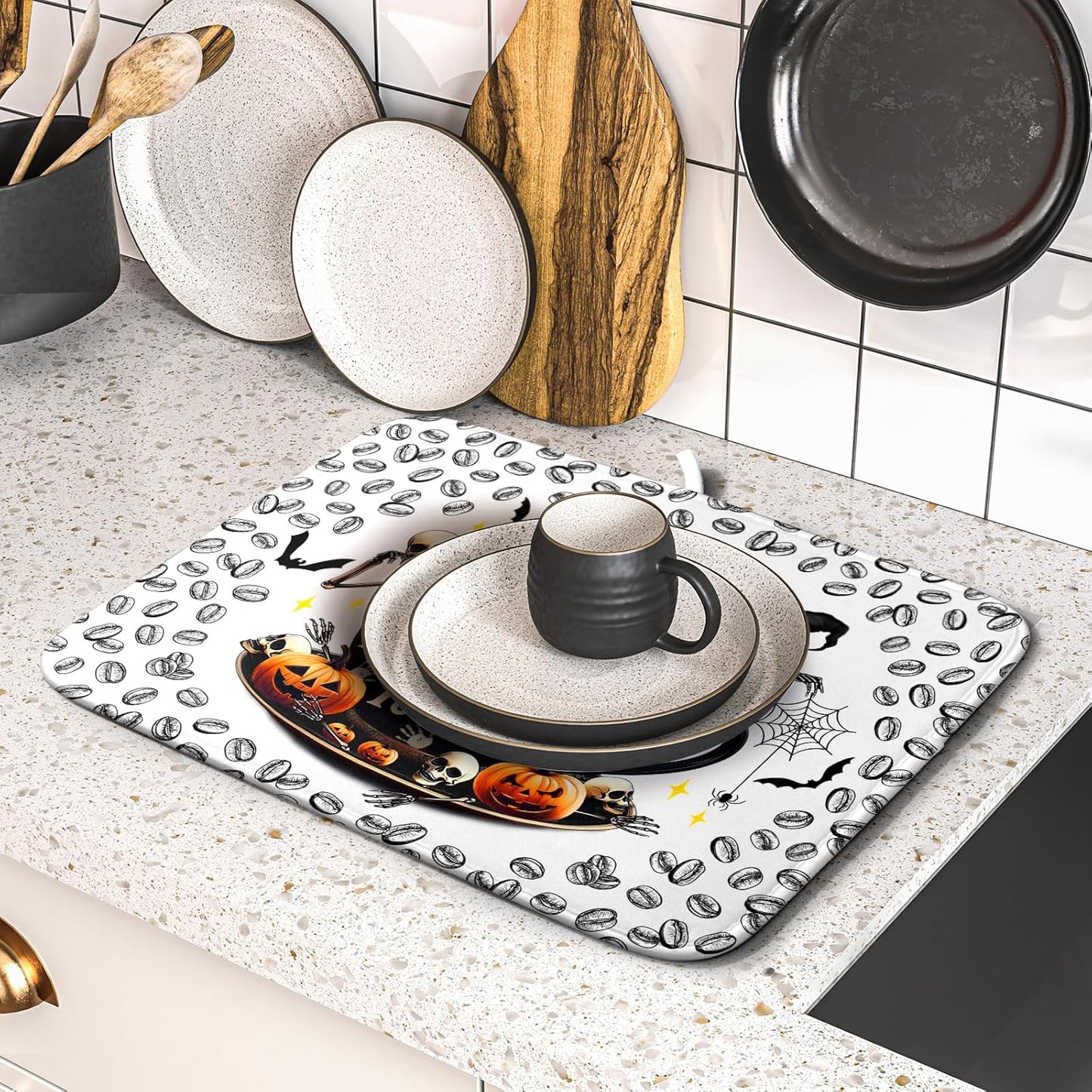 Funny Skull Coffee Matt for Counter Skeleton Dish Drying Mat Halloween Decoration for Home Coffee Bar