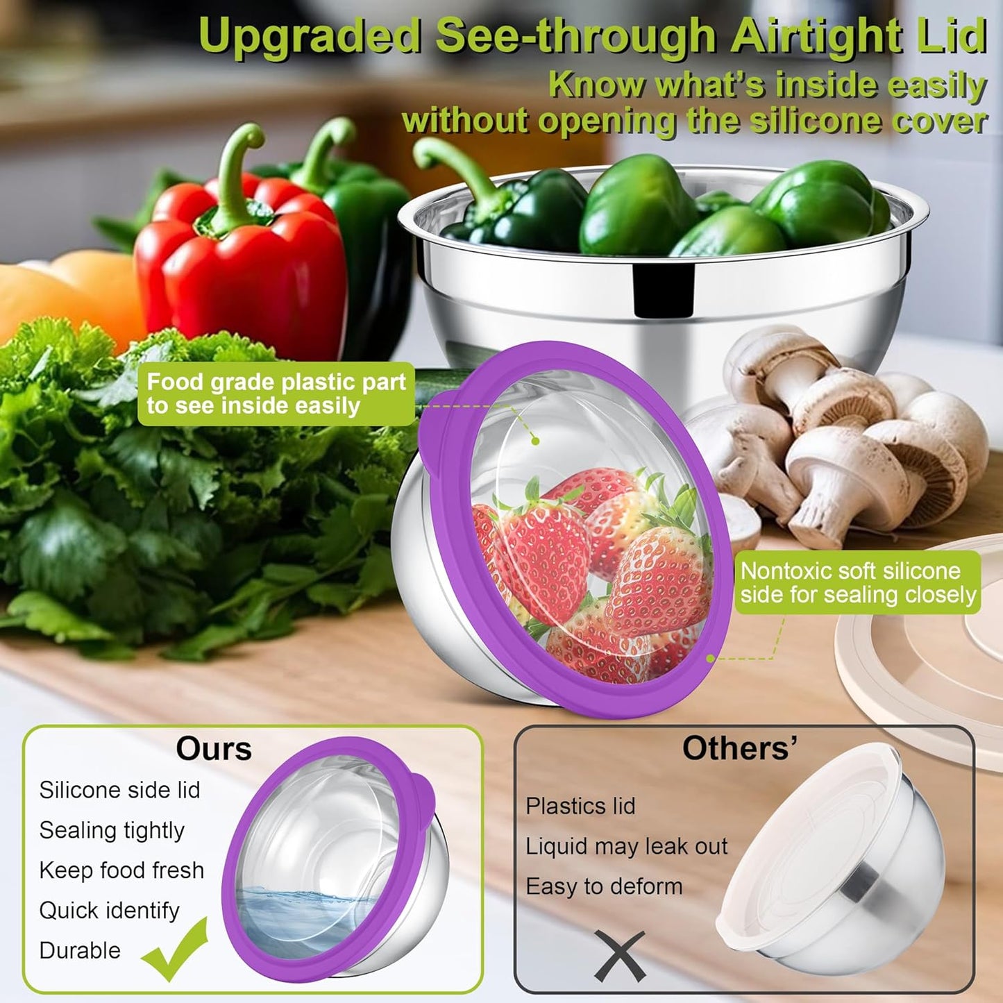 E-far Mixing Bowls with Lids Set of 5, Stainless Steel Salad Mixing Bowl with Transparent Lid, Metal Nesting Storage with 3 Graters for Kitchen Prepping/Serving/Baking, 4.6/2.6/1.5/1/0.7 QT - Colorful