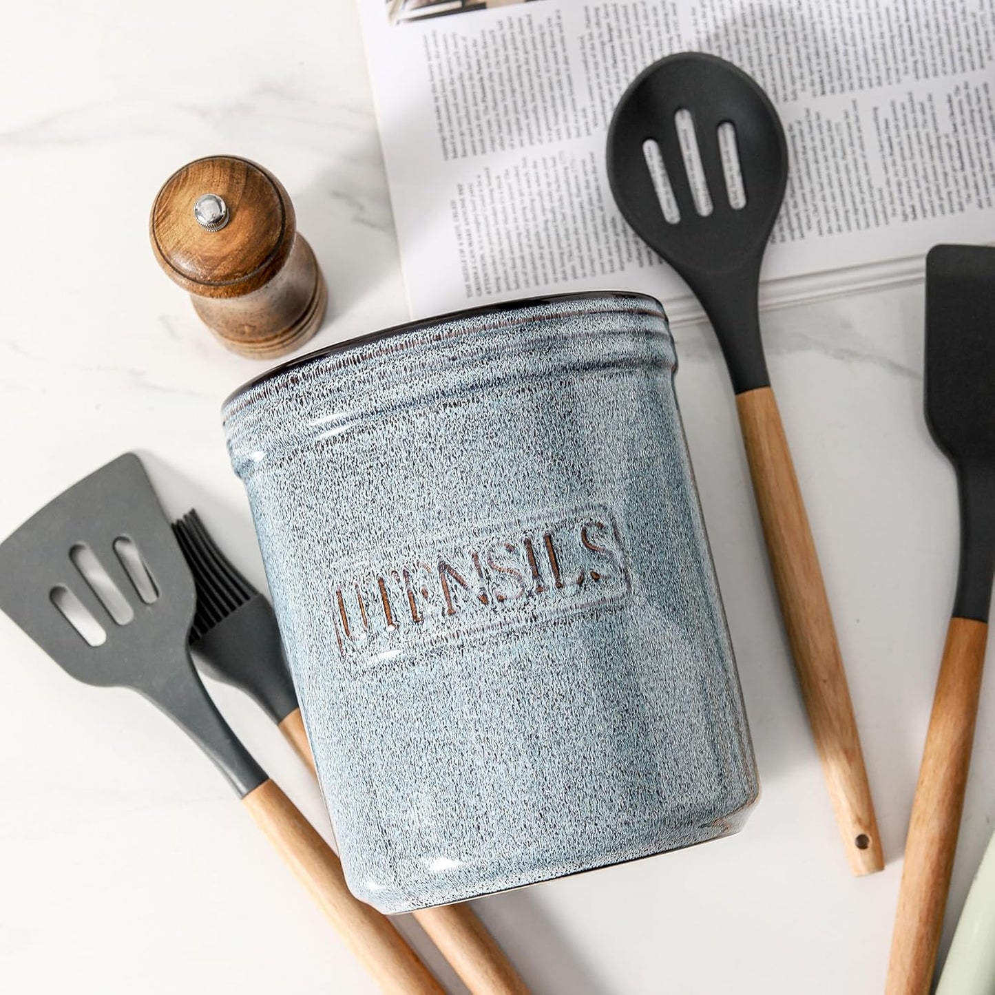 HVH Kitchen Utensil Holder for Countertop, 6 x 7 inch Large Utensil Holder, Ceramic Utensil Crock, Farmhouse Kitchen Décor, Deep and Heavy (Wabi sabi)