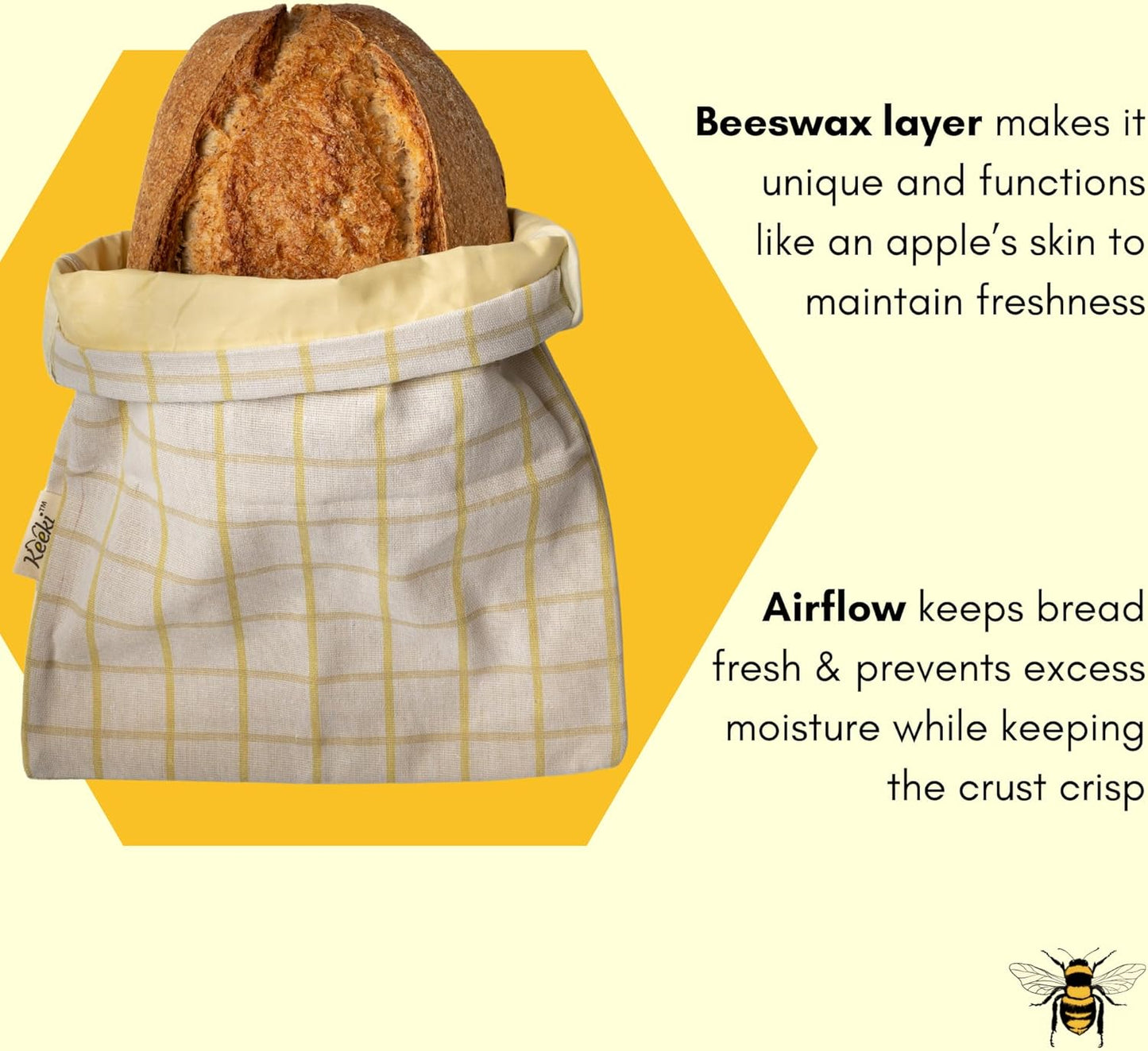 Keeki Bag - The Original Beeswax Lined Bread Bag for Homemade & Sourdough | Reusable Linen Bread Storage | Beeswax Wrap Alternative | Plastic-Free Storage w/Wide Drawstring Closure - Natural