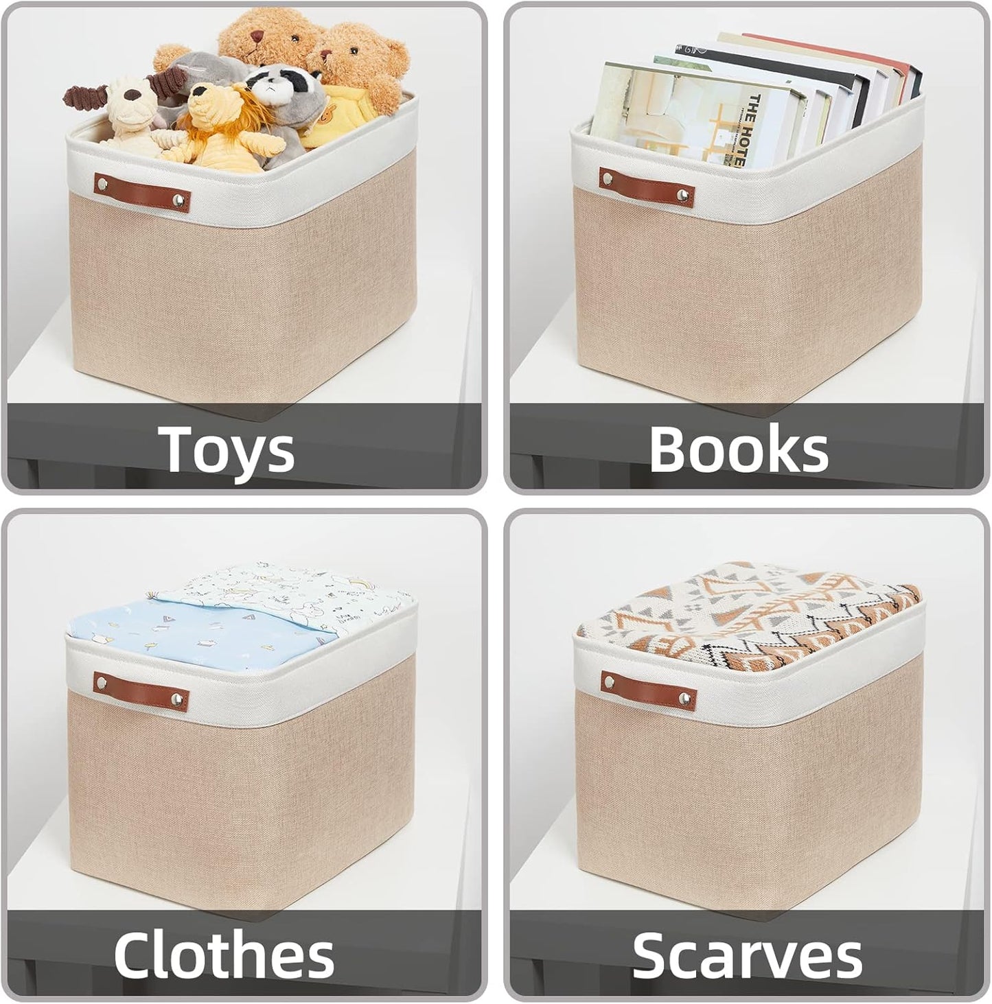 HNZIGE Fabric Storage Baskets for Organizing [2 Pack] Large Canvas Rectangular Storage Bins for shelves 16" X 11.8" X 11.8" Clothes Baskets Collapsible Bins for Closet Linen Organizers (Beige&White)