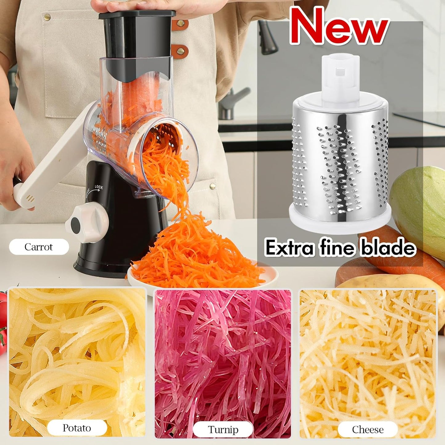 Ourokhome Rotary Cheese Grater Hand Crank, Kitchen Shredder Speed Mandolin Slicer Ice Shaver with Handle and Drum Blades for Cheese, Vegetable, Nuts, Chocolate, Potato, Carrot, 5 Blades, Black