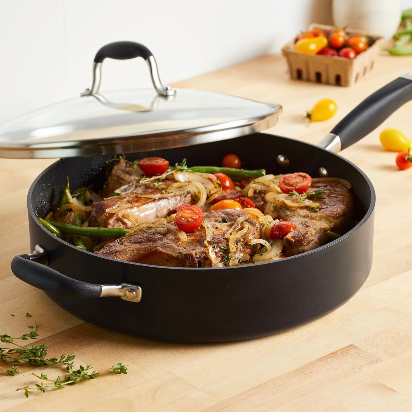 Anolon Advanced Home Hard Anodized Nonstick Sauté Pan with Helper Handle and Lid, 5 Quart - Onyx