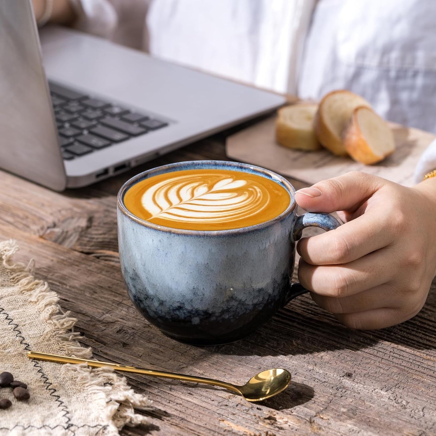 Coffee Mug Set of 4 - Ceramic 15 oz Coffee Cup with Handle, Large Stoneware Cups for Tea Milk Latte Cappuccino, Unique Hand-Painted Mug for Men Women Office Work (Marble Gray)