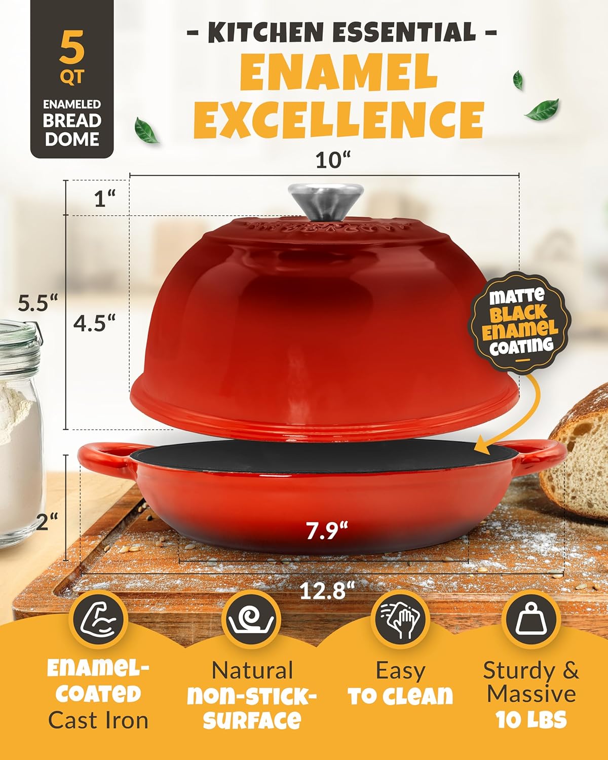 Dutch Oven Bread Baking - 5QT Enamel Bread-Oven - incl Sourdough Bread-Baking Suppliers like Dough Whisk Scoring Lame etc Bread-Dome Cast Iron Bread-Pan with Lid for Sour dough, Bread-making