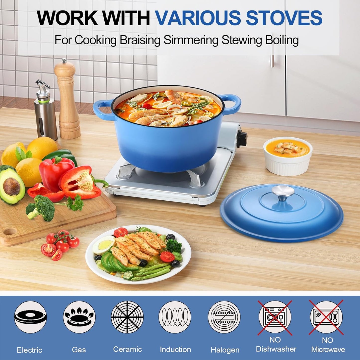 P&P CHEF 5QT Enameled Dutch Oven, Cast Iron Dutch Oven Pot with Lid for Bread Baking, Enameled Casserole Pot for Roasting Braising Stewing Frying Simmering, Various Stoves & Easy Clean, Blue