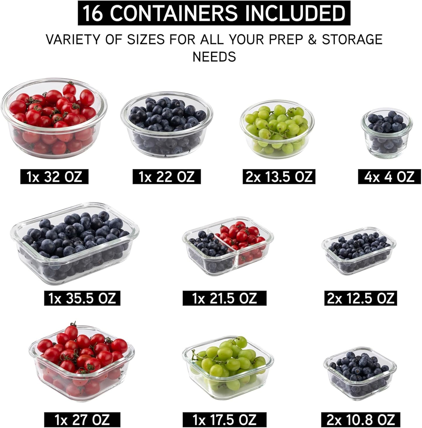 COOK WITH COLOR Premium 32-Pc. Borosilicate Glass Food Container Set with Dividers - 4 Rectangles, 8 Rounds, 4 Squares - Leakproof Lids - Meal Prep, Storage, Ombre Black