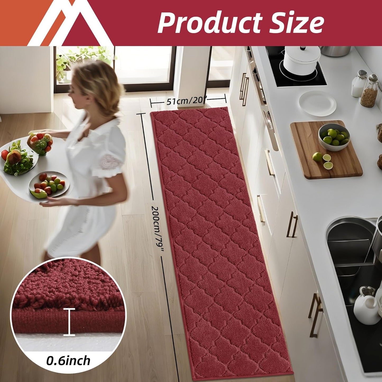 COSY HOMEER Soft Kitchen Floor Mats for in Front of Sink Super Absorbent Kitchen Rugs and Mats 20"x79" Non-Skid Kitchen Mat Standing Mat Washable,Polyester,Red