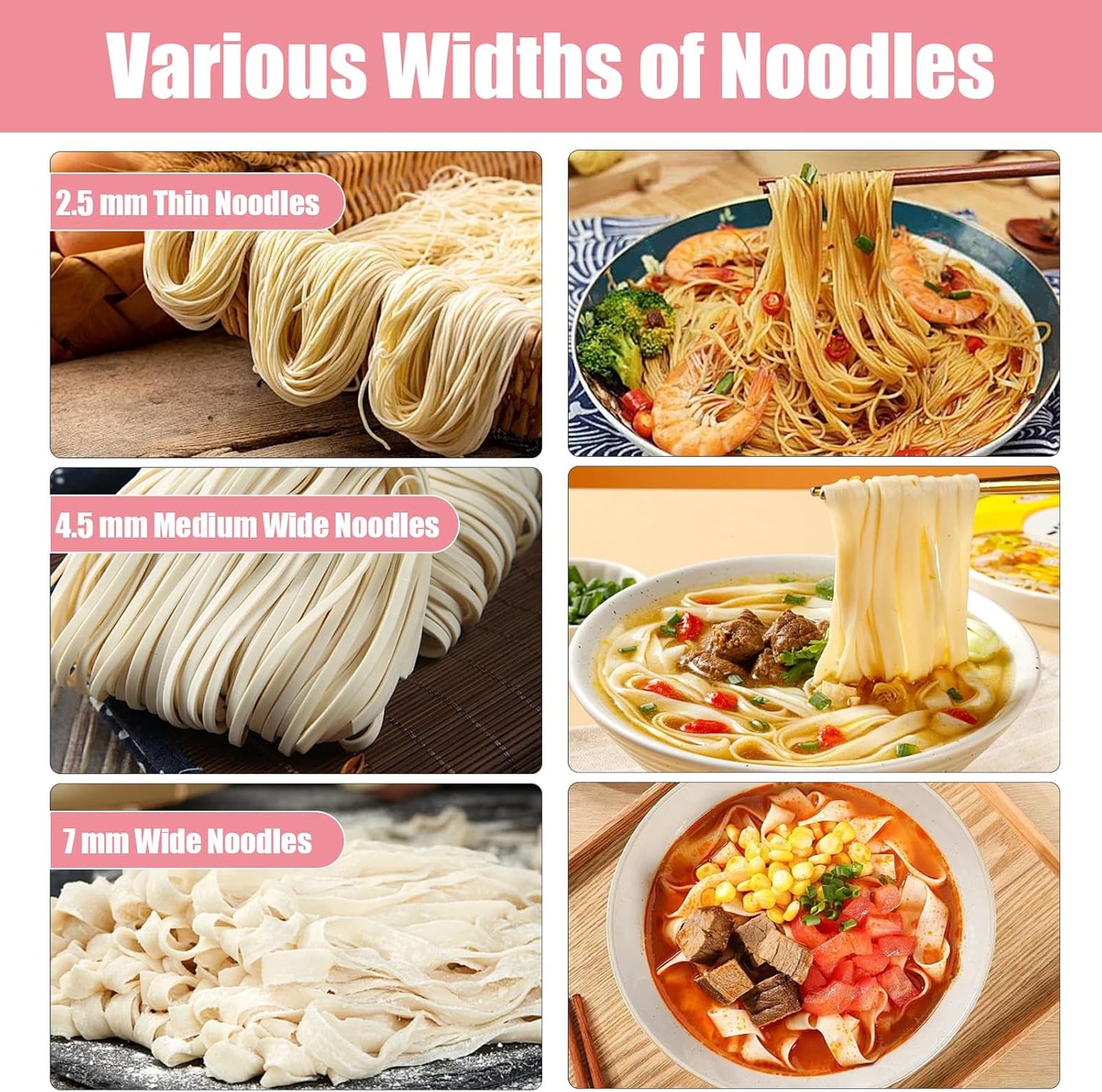 Pasta Maker Machine-6 Adjustable Thickness Settings, Adjustable Clamp, stainless steel Construction for Spaghetti, Fettuccini, Lasagna, Dumpling Skins (Pink pasta maker)