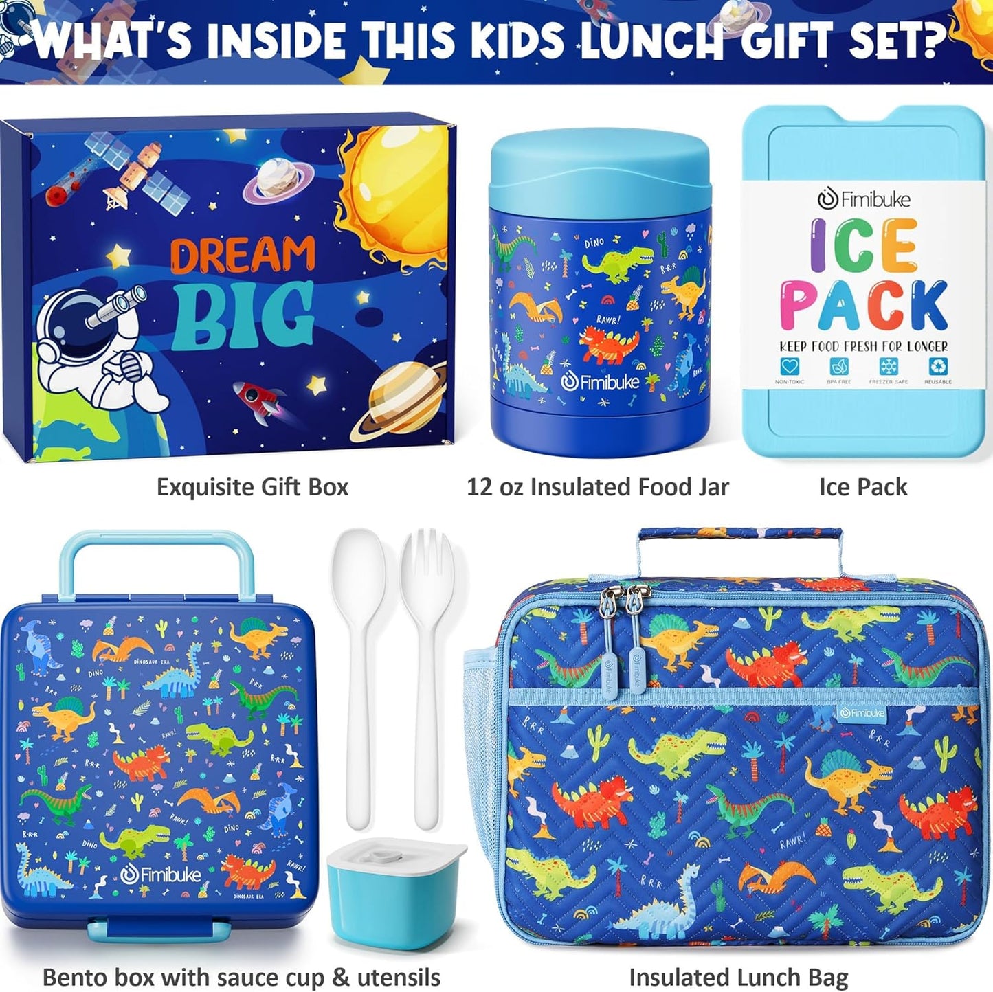 Fimibuke Kids Bento Snack Lunch Box with 4 Compartment, Insulated Bag, Stainless Steel Vacuum Thermos Food Jar, Ice Pack, Utensils Set, Birthday Gift for Age 3-12 Back to School Toddler Girl Boy