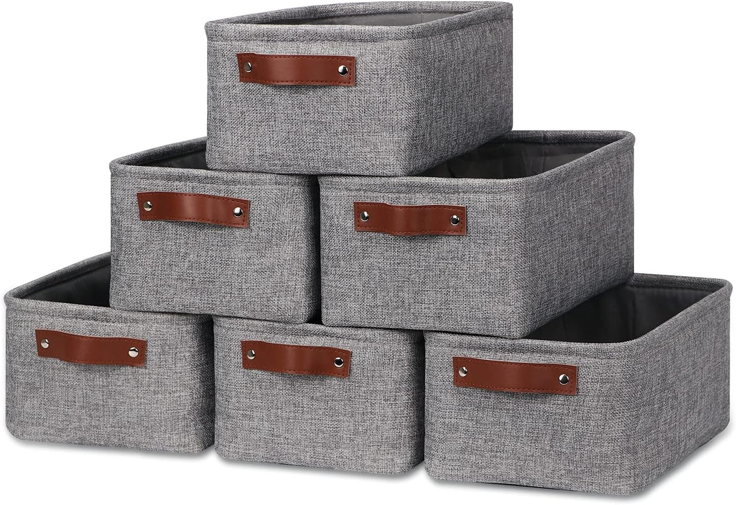 HNZIGE Foldable Fabric Storage Baskets (6pack), Empty Gift Baskets with Leather Handles, Decorative Organizers for Closet (Gray, 11.8" x 7.8" x 5.1")