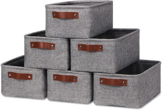 HNZIGE Foldable Fabric Storage Baskets (6pack), Empty Gift Baskets with Leather Handles, Decorative Organizers for Closet (Gray, 11.8" x 7.8" x 5.1")