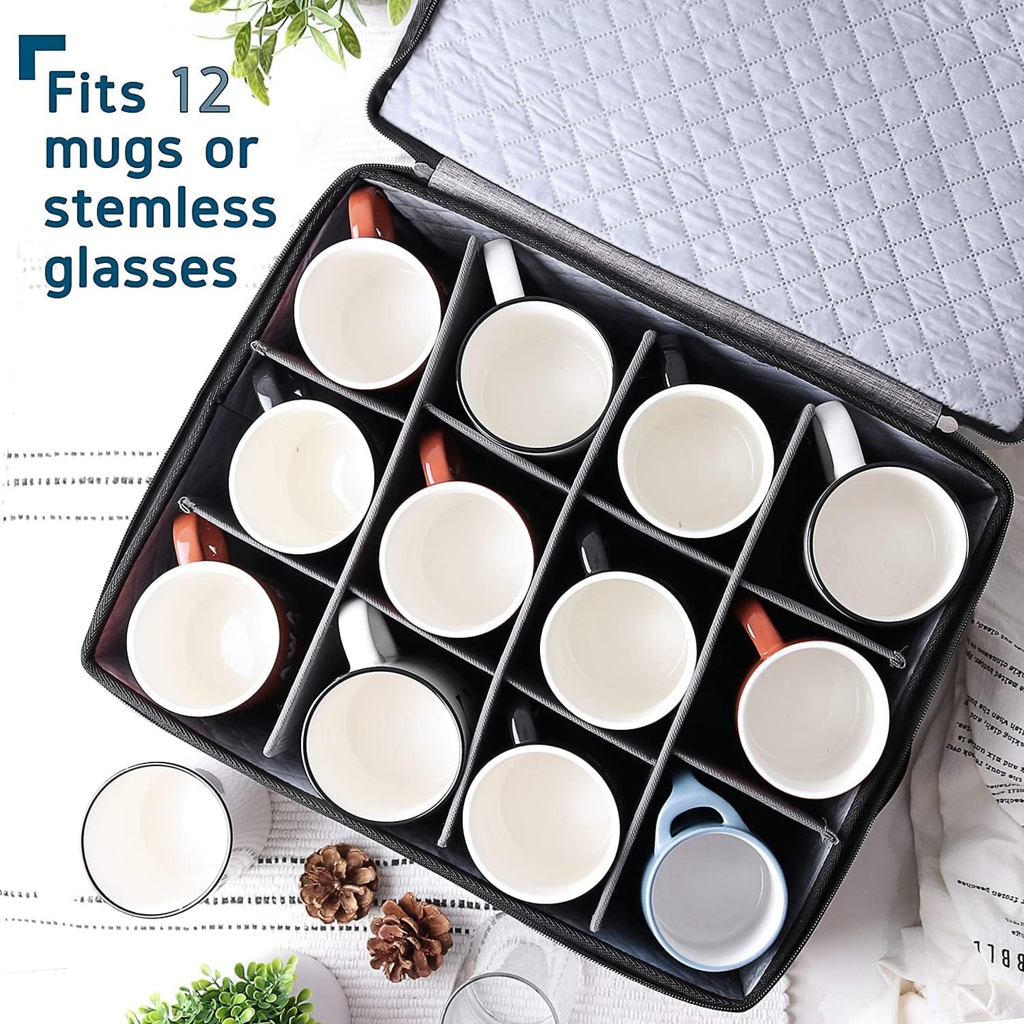 Fine China Storage Containers, 5 Piece Quilted Dish Storage Containers, Mug, Cup, and Plate Dish Organizer with Felt Dividers, Service of 12 Dinnerware Boxes for Moving, Seasonal Organization, Grey