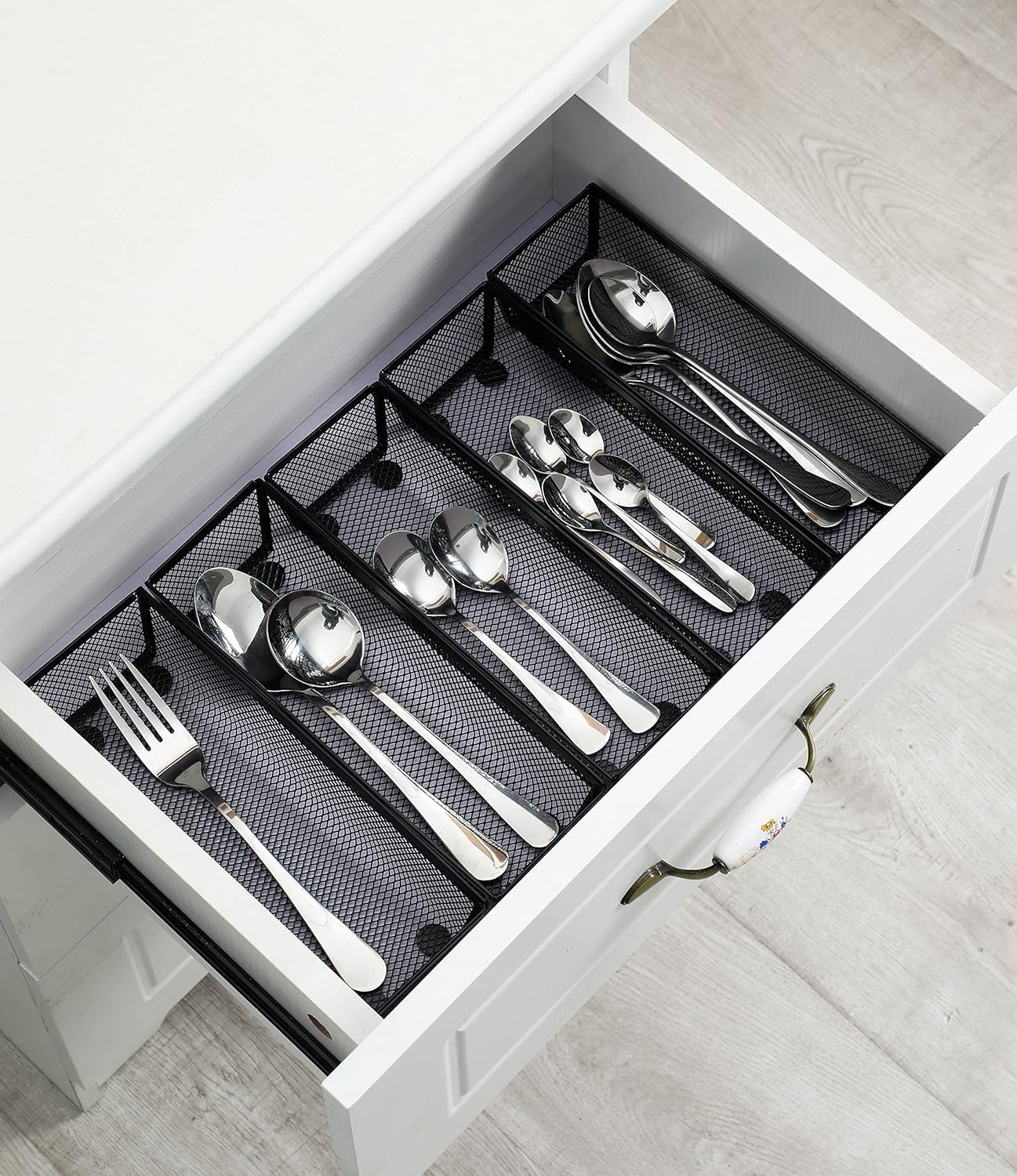 BYCY Silverware Drawer Organizer, Mesh Utensil Organizer for Kitchen Storage, Black Steel Metal Mesh Tray for Flatware Fork Spoon Knife… (9 * 3-5P-Black)