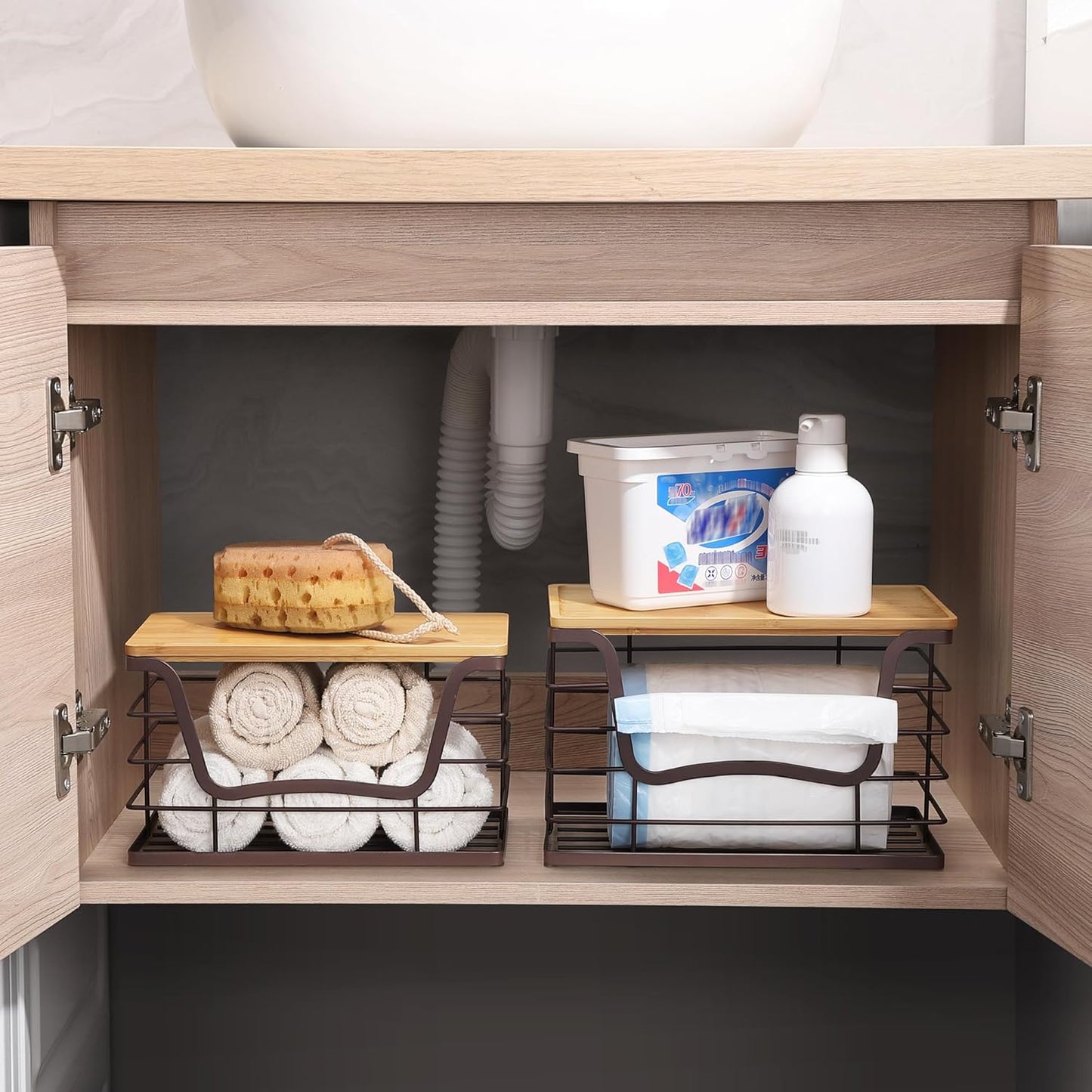 Trash Bag Dispenser Holder for Kitchen 2 Pack Brown Finish Garbage Bag Organizer Wall Mount Stackable Bin with Bamboo Lid for Countertop, Under Sink, Laundry Room