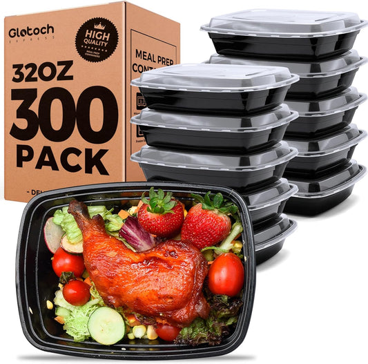 Glotoch Express 32oz 1-Compartment Black Square Food Containers with Lids, Durable BPA-Free Plastic Meal Prep Boxes, Microwave/Freezer/Dishwasher Safe, 300 Pack