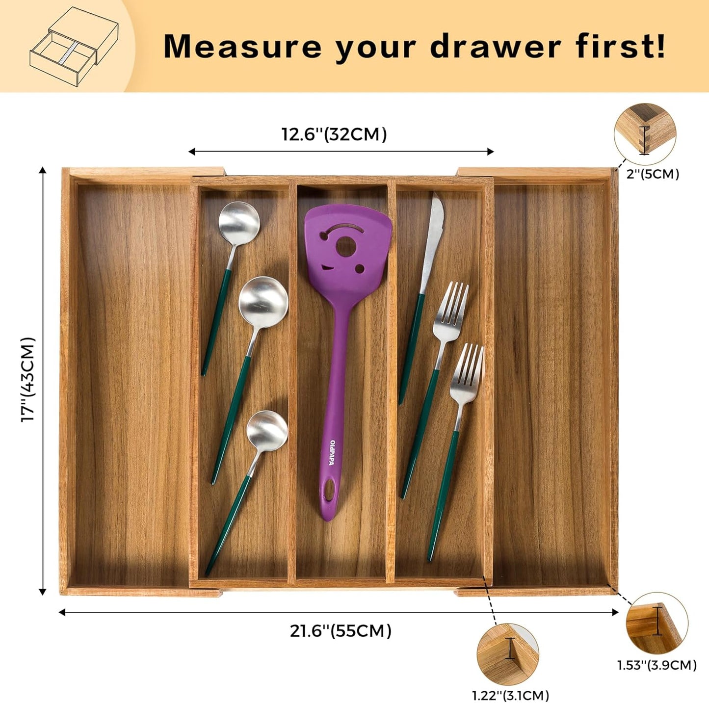 Utoplike Acacia Kitchen Drawer Organizer Expandable, Large Utensils and Cutlery Tray, Adjustable Silverware Divider for Knives Flatware