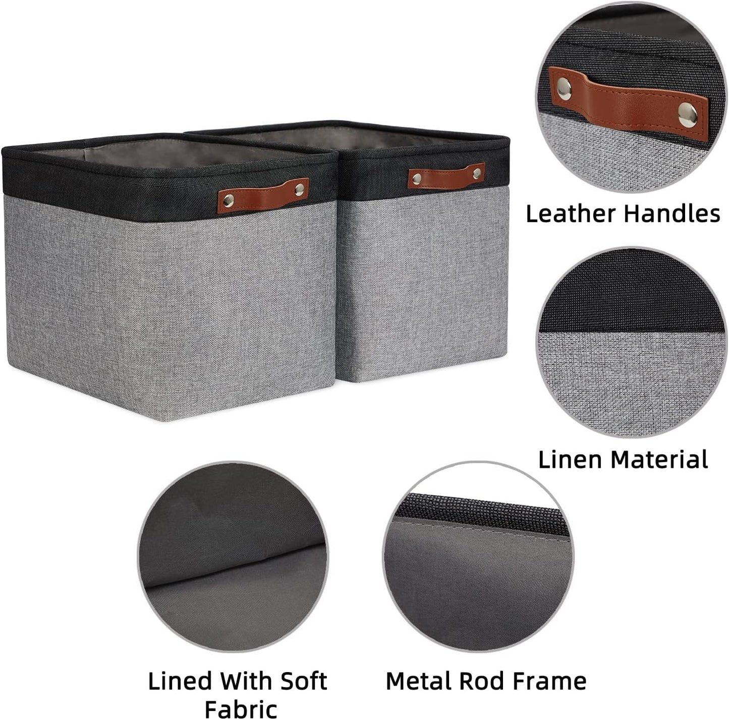 HNZIGE Large Storage Baskets Fabric Cloth Tall Baskets for Shelves[2 Pack] Foldable Organizer Bins 16" X 11.8" X 11.8" Decorative Storage Basket Black Storage Bin for Organizing Closet Toy(Black&Gray)