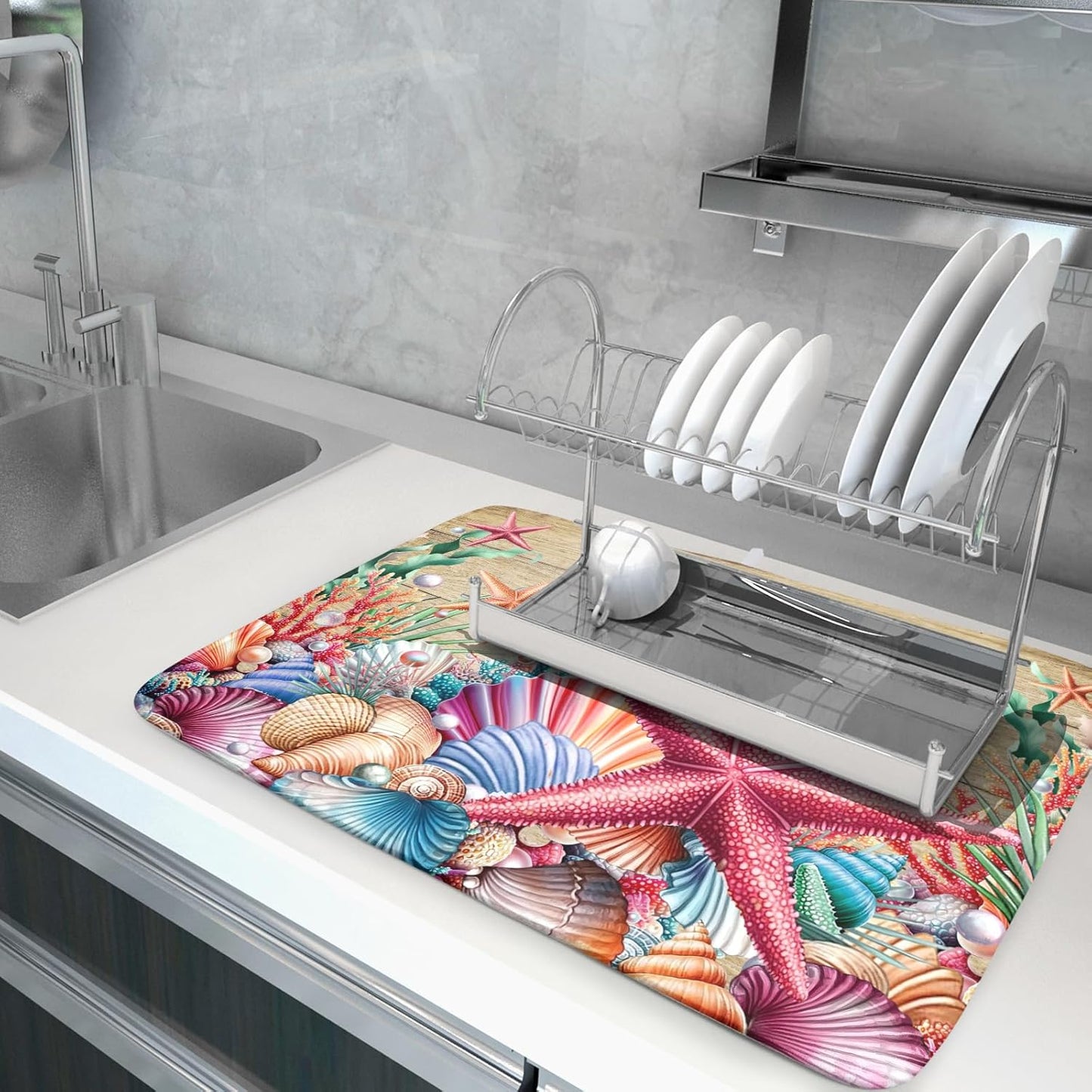 Summer Beach Dish Drying Mat - Seashells Starfish Absorbent Drying Matt Kitchen Counter for Home Decor