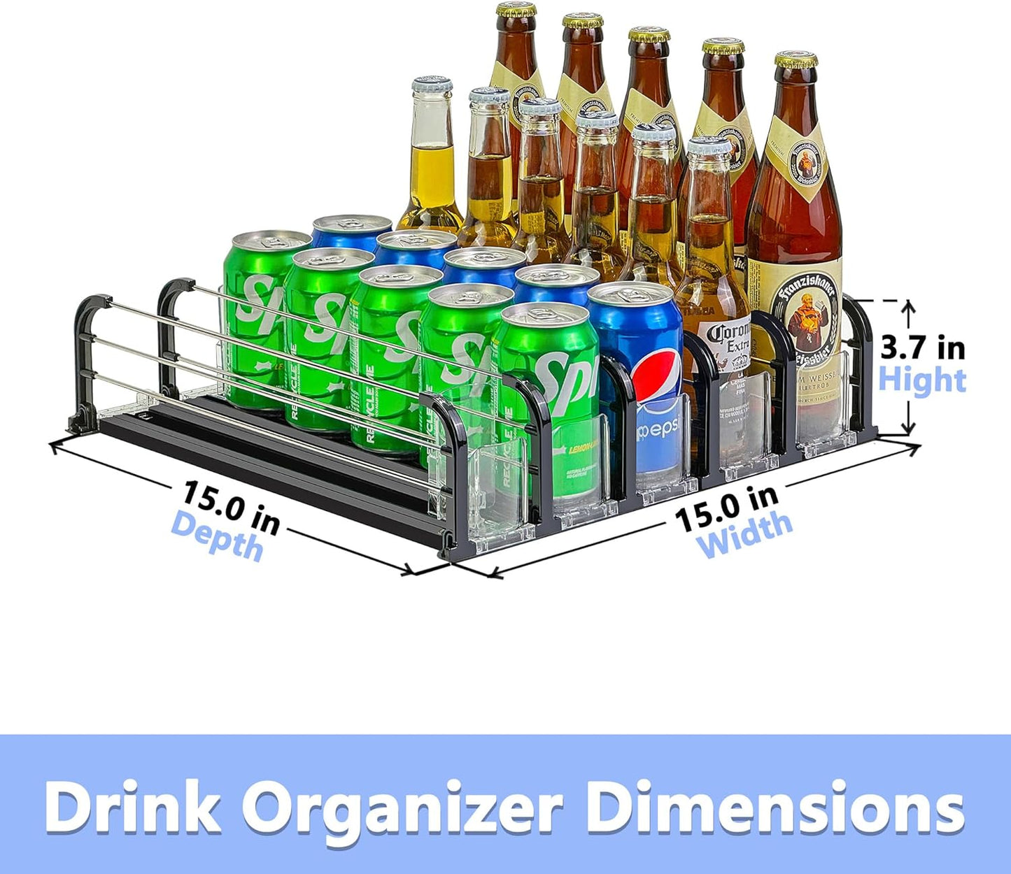 Drink Organizer for Fridge, Soda Can Organizer for Fridge, Self-Pushing Glide Drink Dispenser for Refrigerator-Holds up to 25 Cans Black (5 Rows)