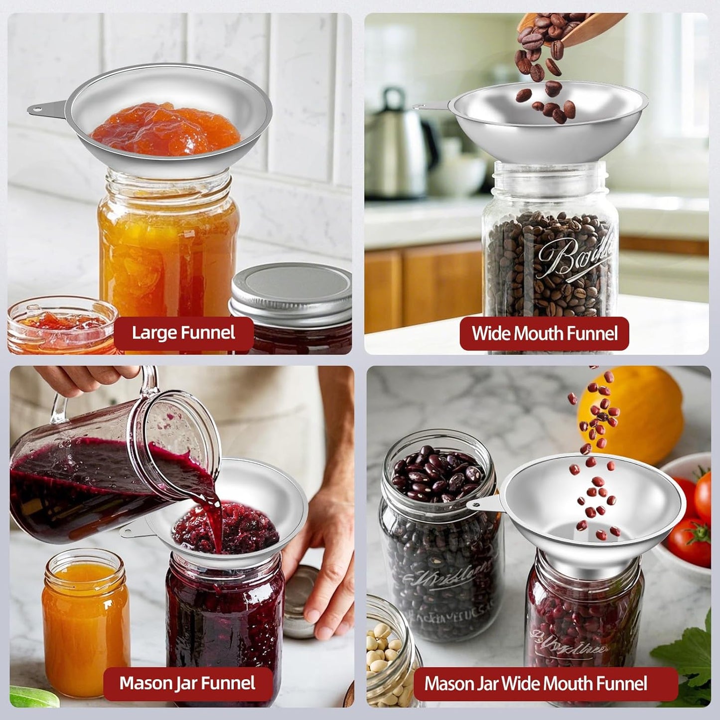 Stainless Steel Metal Canning Funnel with Removable Strainer, for Jams, Pickles and Home Preserving, Dishwasher Safe Kitchen Tool (2.26 Inch Standard Bore for Standard Mouth Mason Jars).