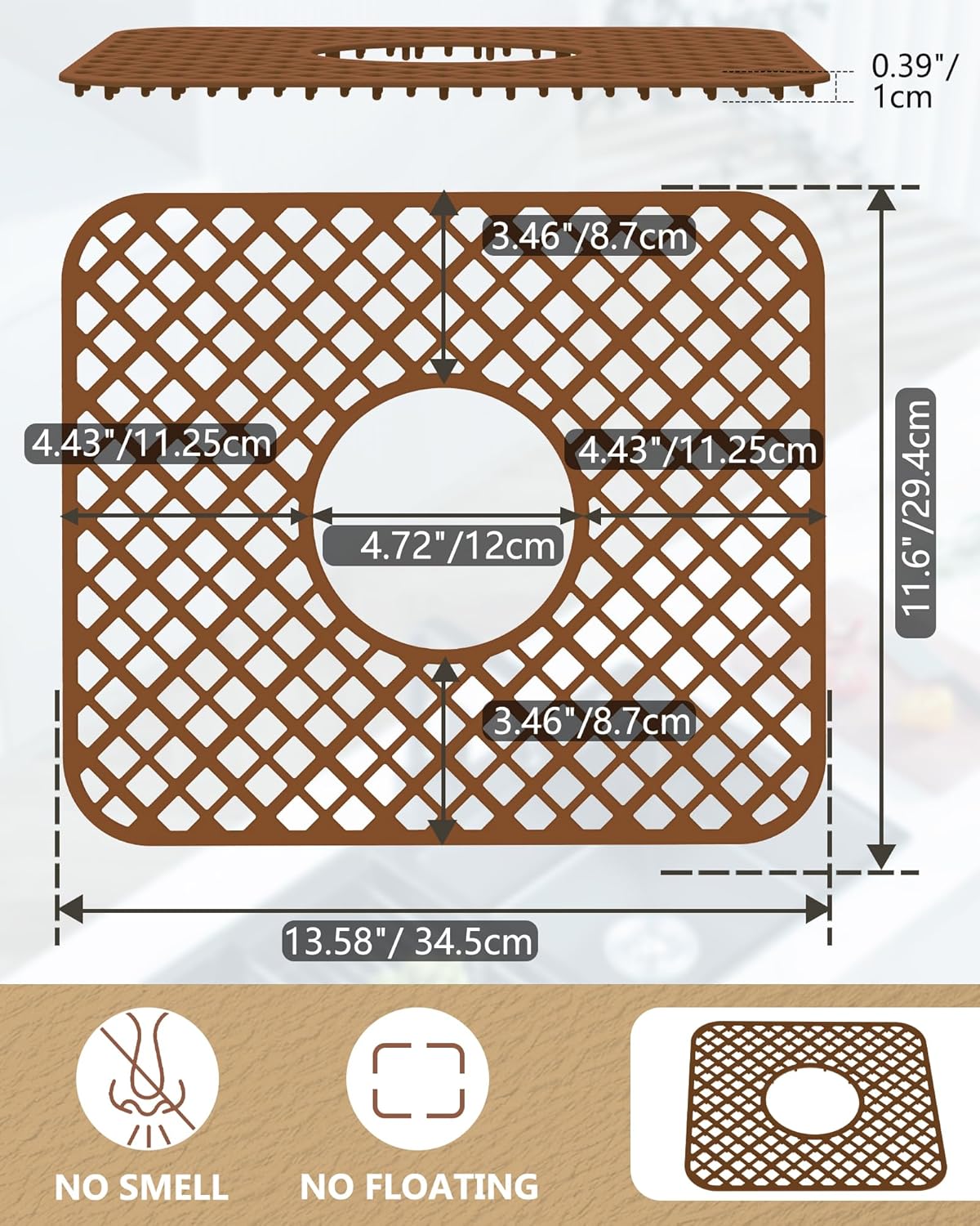 2 Pack Silicone Sink Protector for Kitchen Sink, Lozenge Pattern 13 x 11 inches Sink Grid Mat Silicone Protectors, Center Drain (Coffee)