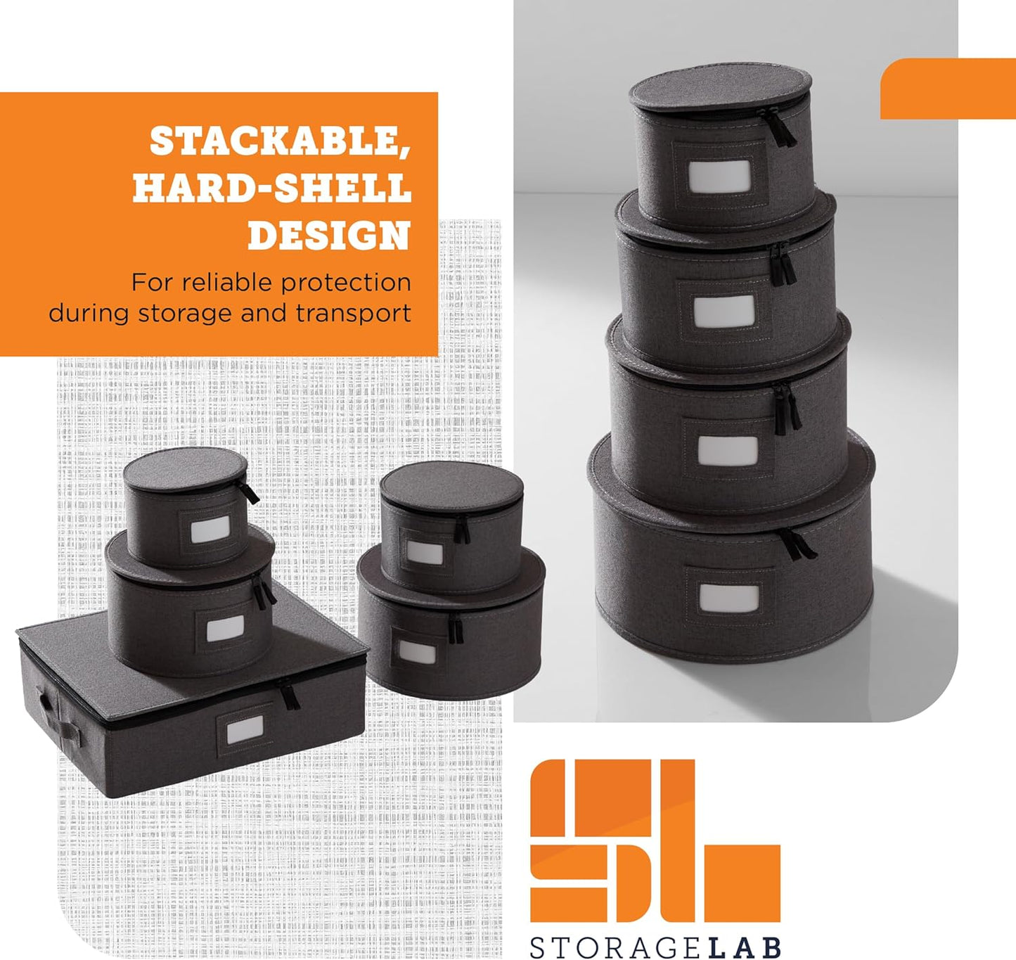 storageLAB China Storage Containers, Hard Shell Case with Felt Dividers for Charger Plates, and Dishes, Ideal for Kitchen Organization, Moving Supplies, and Fine China Storage - 5-Piece Set, Gray