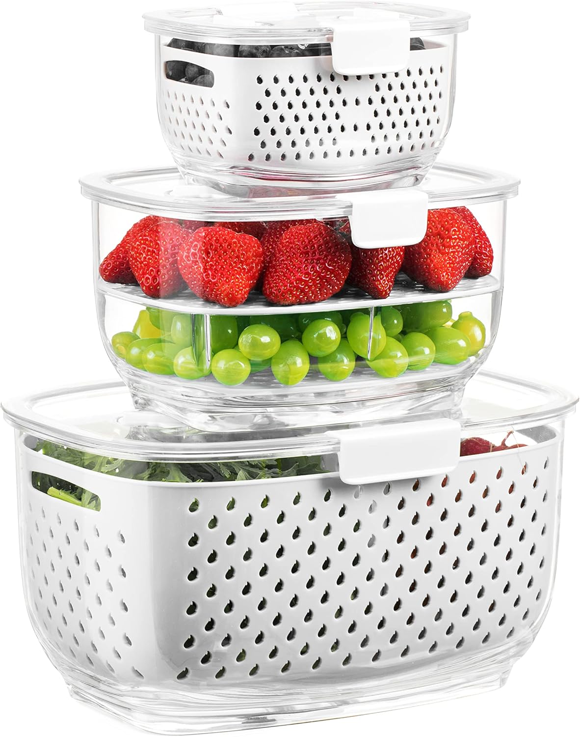 LUXEAR Fresh Produce Vegetable Fruit Storage Containers 3Piece Set, BPA-free, Partitioned Salad Container, Fridge Organizers, Used in Storing Fruits Vegetables, White