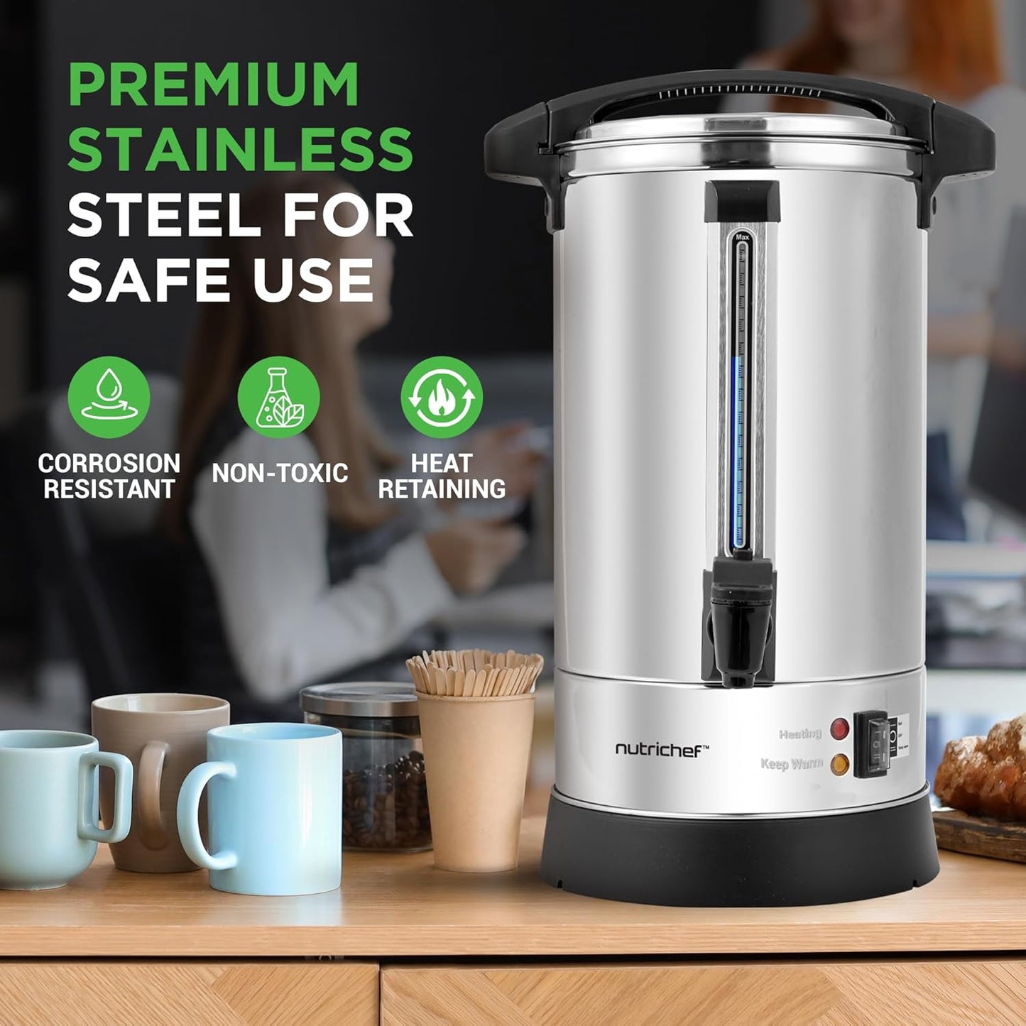 NutriChef Water Boiler and Hot Water Dispenser, 8L Electric Beverage Dispenser with Safety Lock Lid, Non-Drip Tap, Warm Function, Food Grade Stainless Steel, Home & Commercial Use, 19"x9"x9", Silver