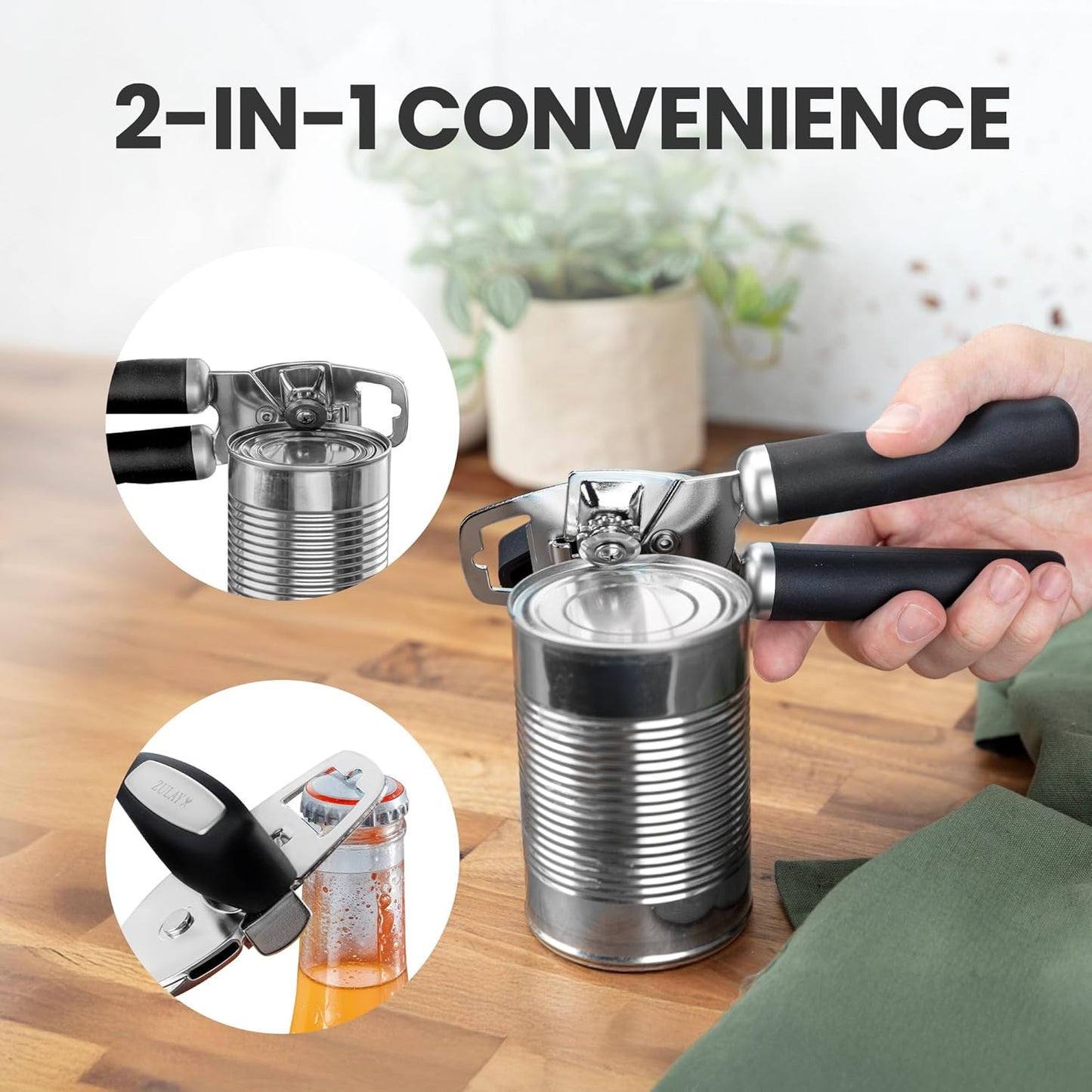 Zulay Kitchen Heavy Duty Stainless Steel Can Opener Manual with Bottle Opener - Rust Proof Manual Can Opener With Turn Knob & Comfy Soft Grip Handles - Black