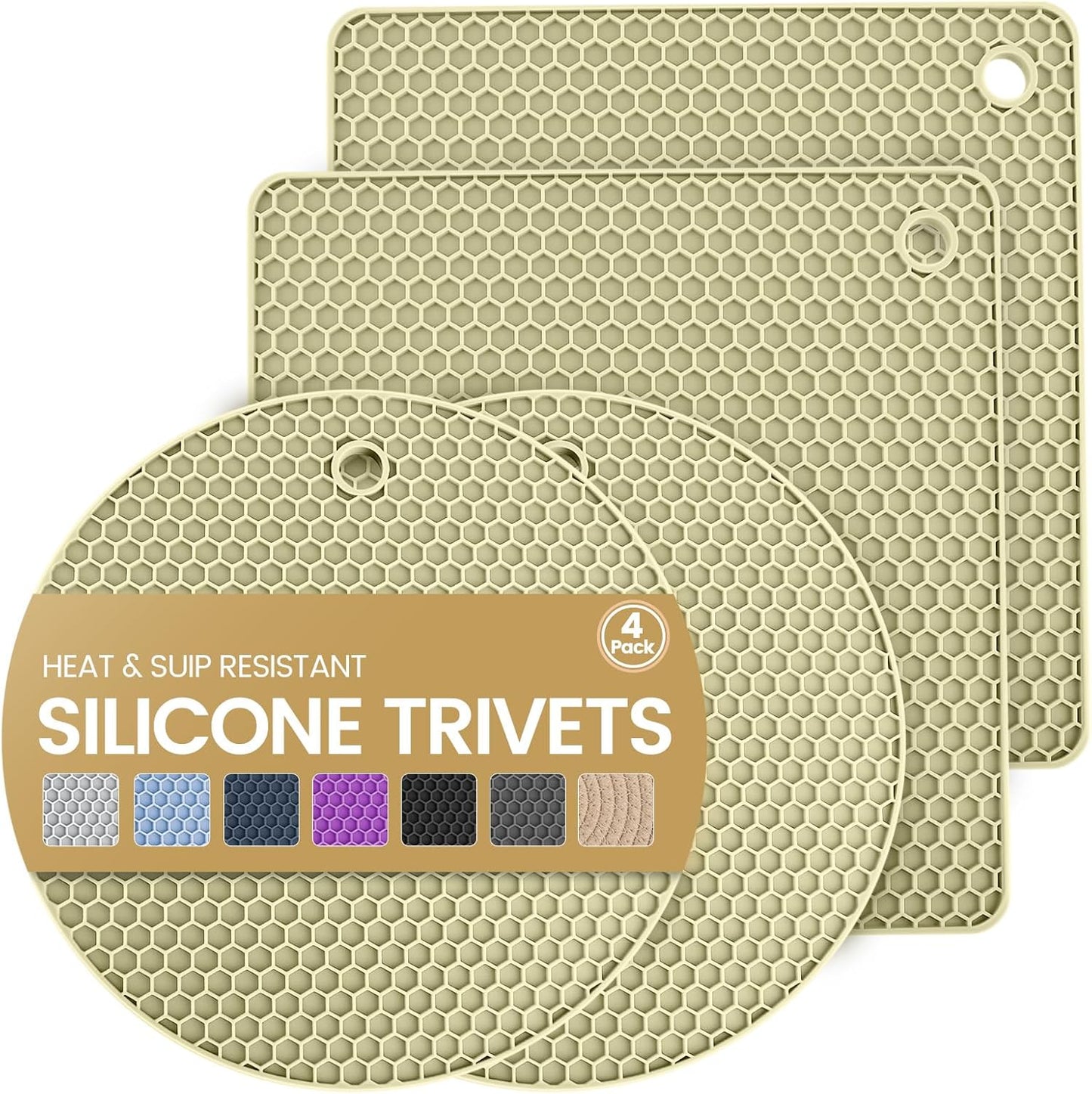 Silicone Trivet Mats 4 Heat Resistant Pot Holders Multipurpose Non-Slip Hot Pads for Kitchen Potholders, Drying mat, Jar Opener, Spoon Holder, Coaster(Nordic Rice)