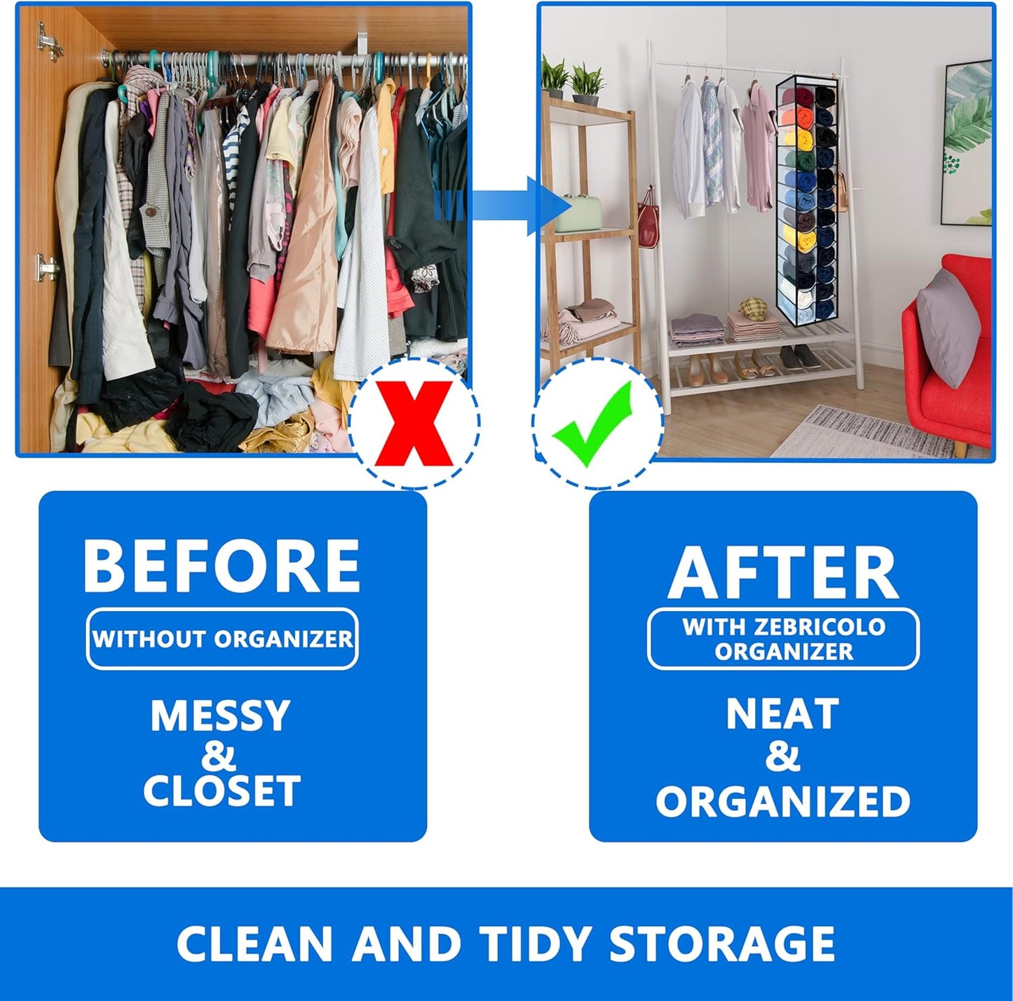 Closet Organization, 24 Section Hanging Closet Organizer, Space Saving, College Dorm Essentials, Heavy Duty Hooks Up to 45 Pounds, White/Black