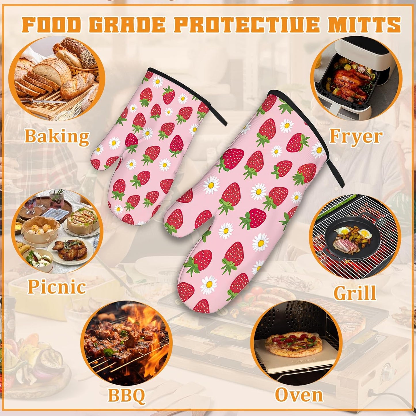 Cute Strawberry Oven Mitts and Pot Holders,Daisy Heat Resistant Oven Mitts Gloves and Pot Holder for Home Kitchen Decorations Cooking Baking BBQ Gifts,Set of 4