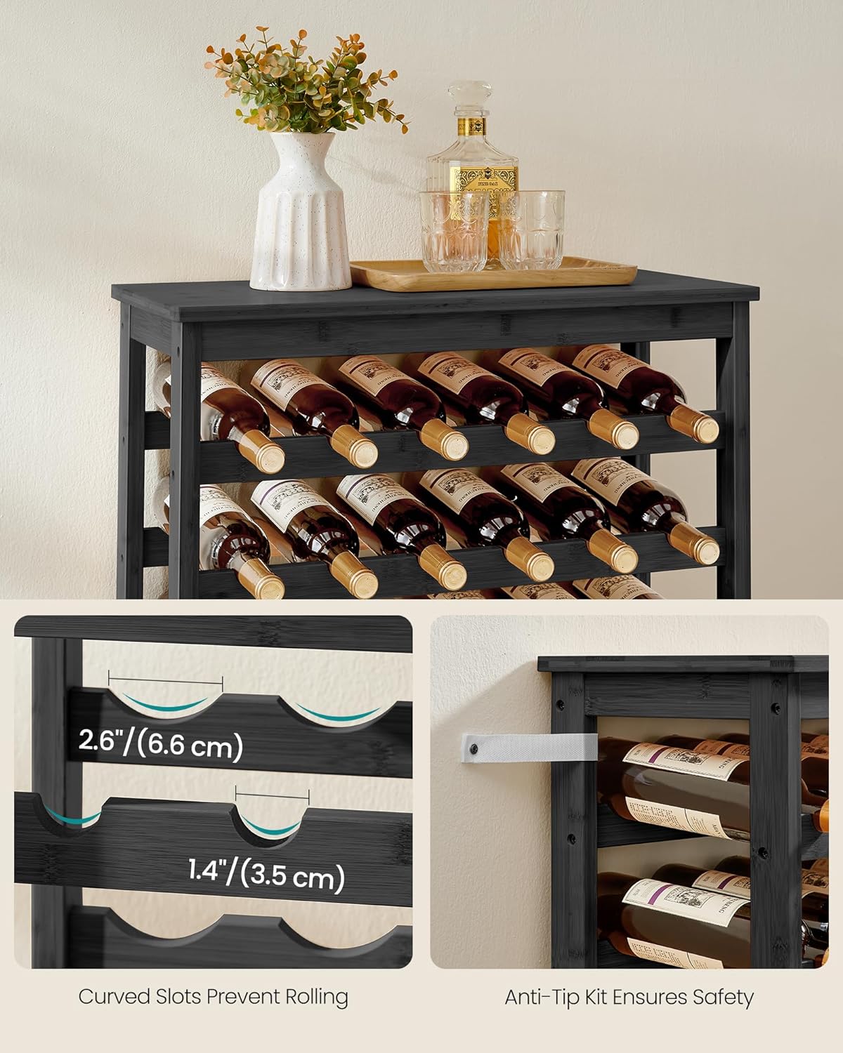 SONGMICS 42-Bottle Wine Rack Free Standing Floor, 7-Tier Display Wine Storage Shelves with Table Top, Bamboo Wobble-Free Bottle Holder for Kitchen Bar Dining Room Living Room, Ink Black UKWR027B16