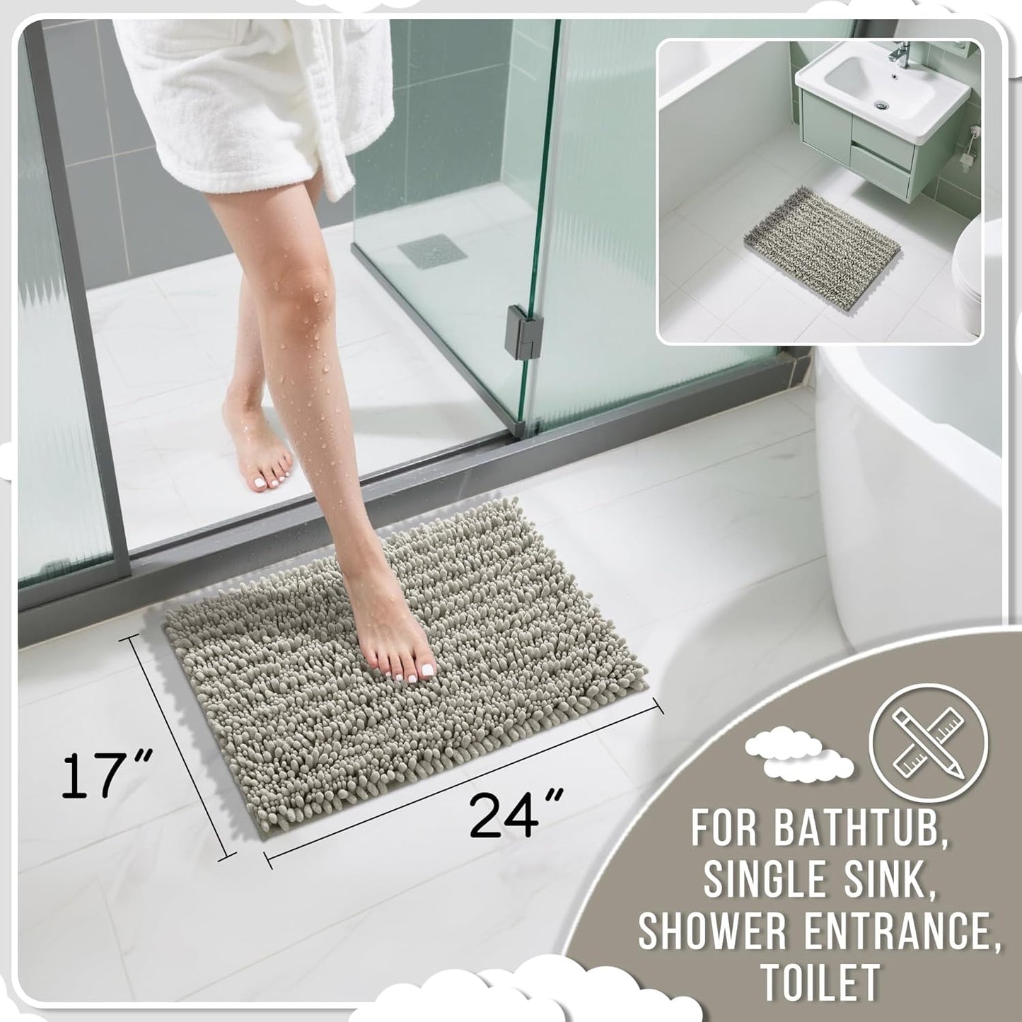Yimobra Bathroom Rugs Non Slip Washable 24x17 Inch - Ultra Soft Absorbent Chenille Bath Mat, Quick Dry Shaggy Floor Carpet for Tub Shower, Sand Home Decor Accessories