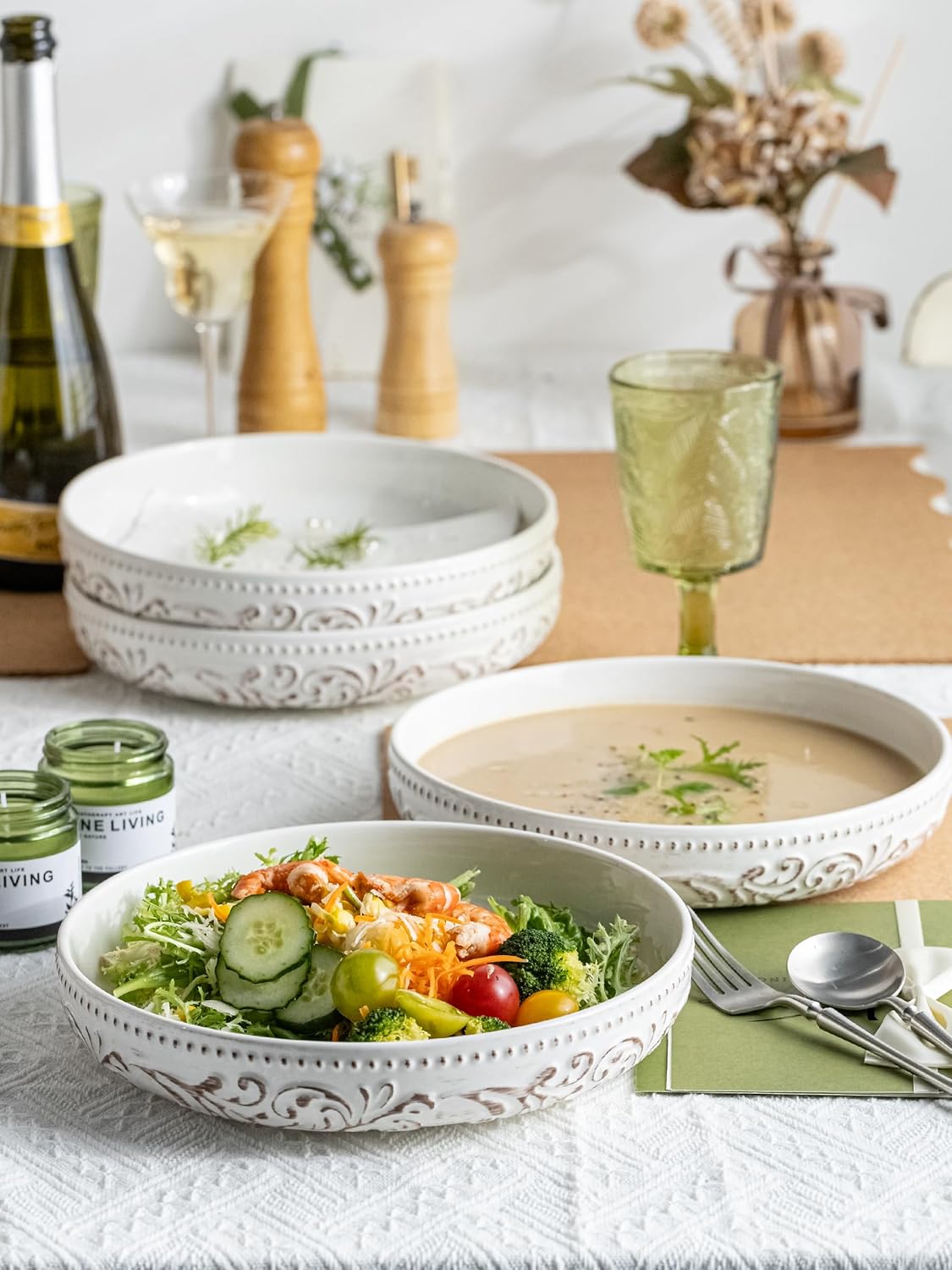 YHOSSEUN 9.75" Large Pasta Bowls, 50 OZ Salad Bowl Ceramic Serving Bowls Set of 4, Wide and Shallow Kitchen Bowl Plates Pasta Plates, Antique Morning Glory