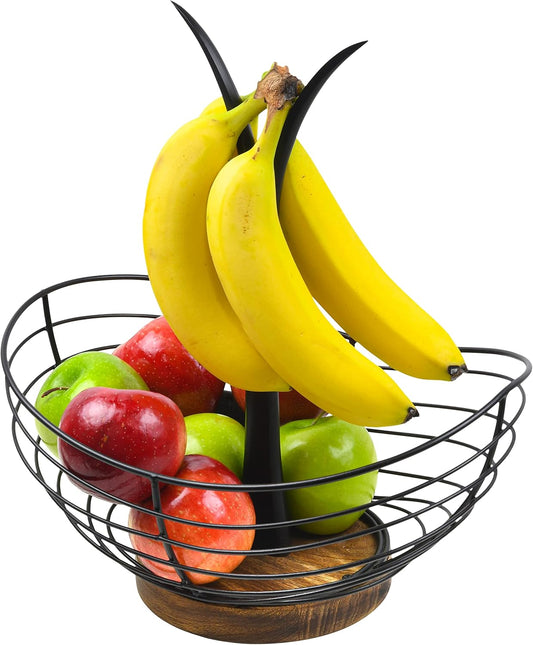 Modern Farmhouse Fruit Basket with Banana Holder for Kitchen Counter, Vintage Wire and Wooden Base Fruit Bowl & Banana Hanger for Kitchen Countertop Decor, Banana Tree & Fruit Stand