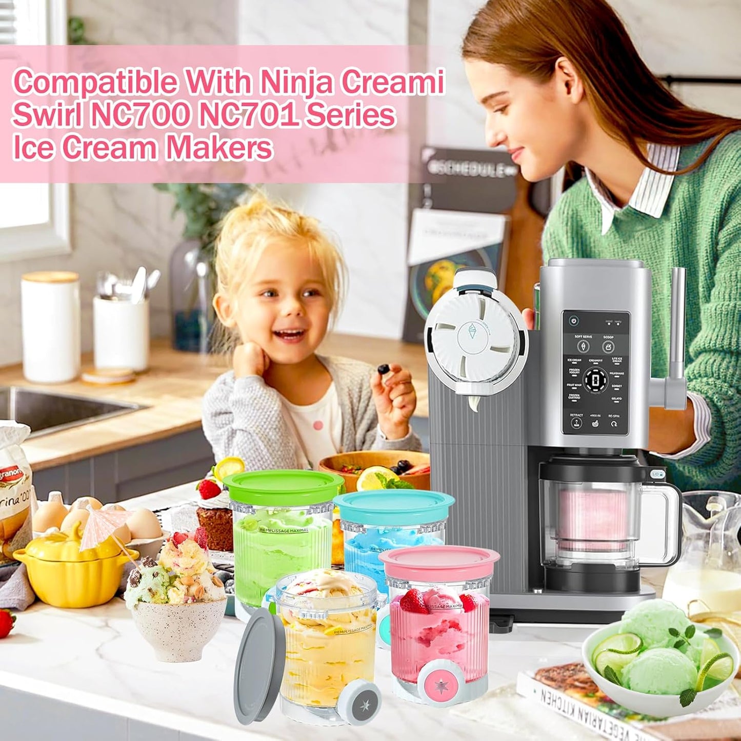 4 Pack Pints and Lids for Ninja CREAMi NC701 NC700 Ice Cream Maker Accessories Creami Containers Compatible with Ninja NC700 Series, 16 oz Containers Ice Cream Maker