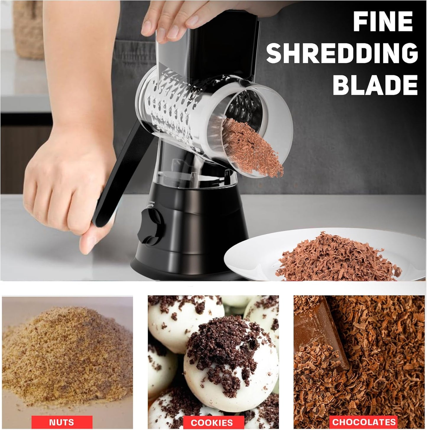 Rotary Cheese Grater Hand Crank - Counter Top 3 Blade Manual Cheese Shredder with Reinforced Suction, 3 Interchangeable Drums, Easy to Use Vegetable Chopper, Round Mandoline Slicer, Black