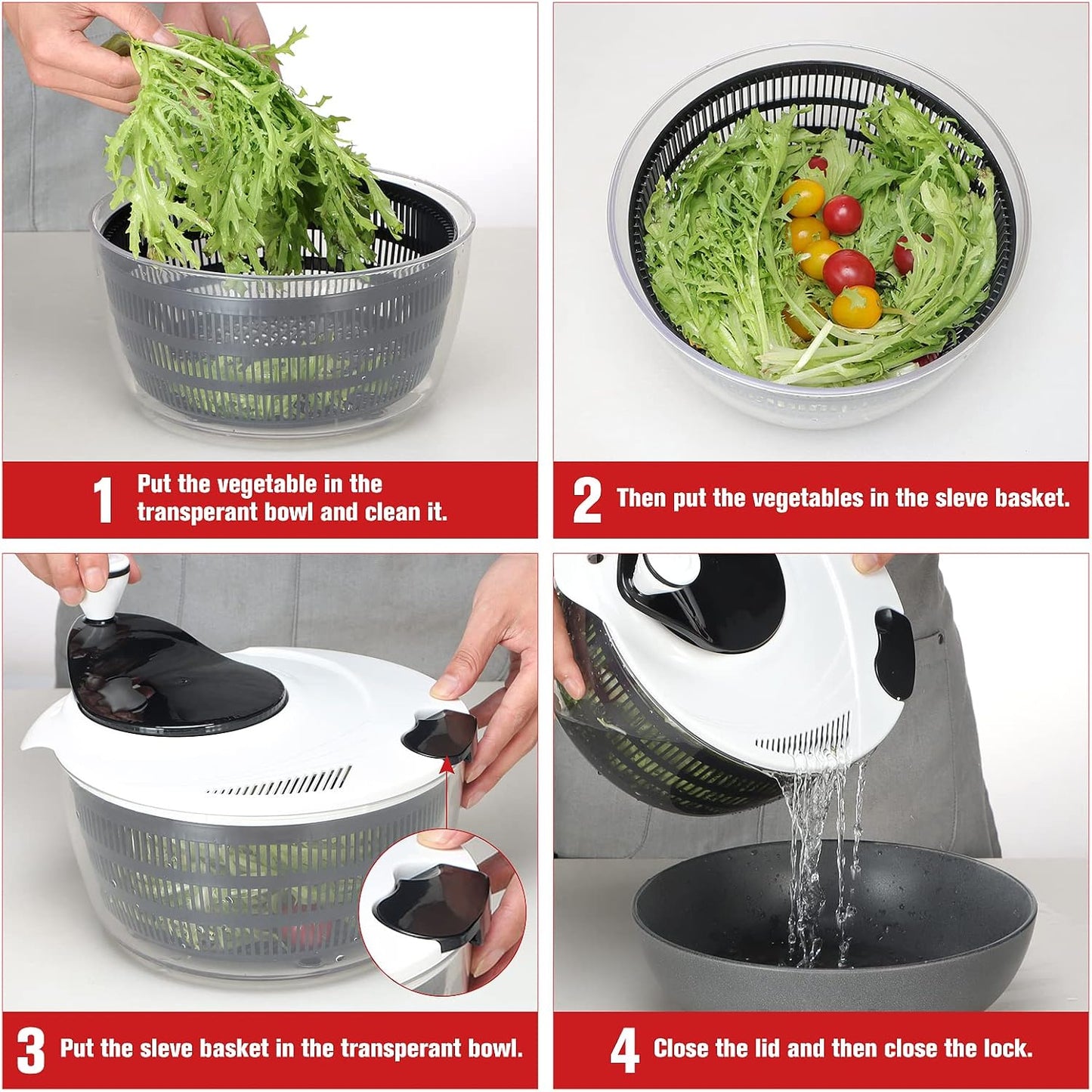 Smile mom Salad Spinner Large Lettuce Spinner Kitchen Gadgets, Large Salad Spinner Vegetable Washer, High Efficiency for Home Kitchen Washing & Drying Leafy Vegetables With Rotary Handle 4.2Qt Black