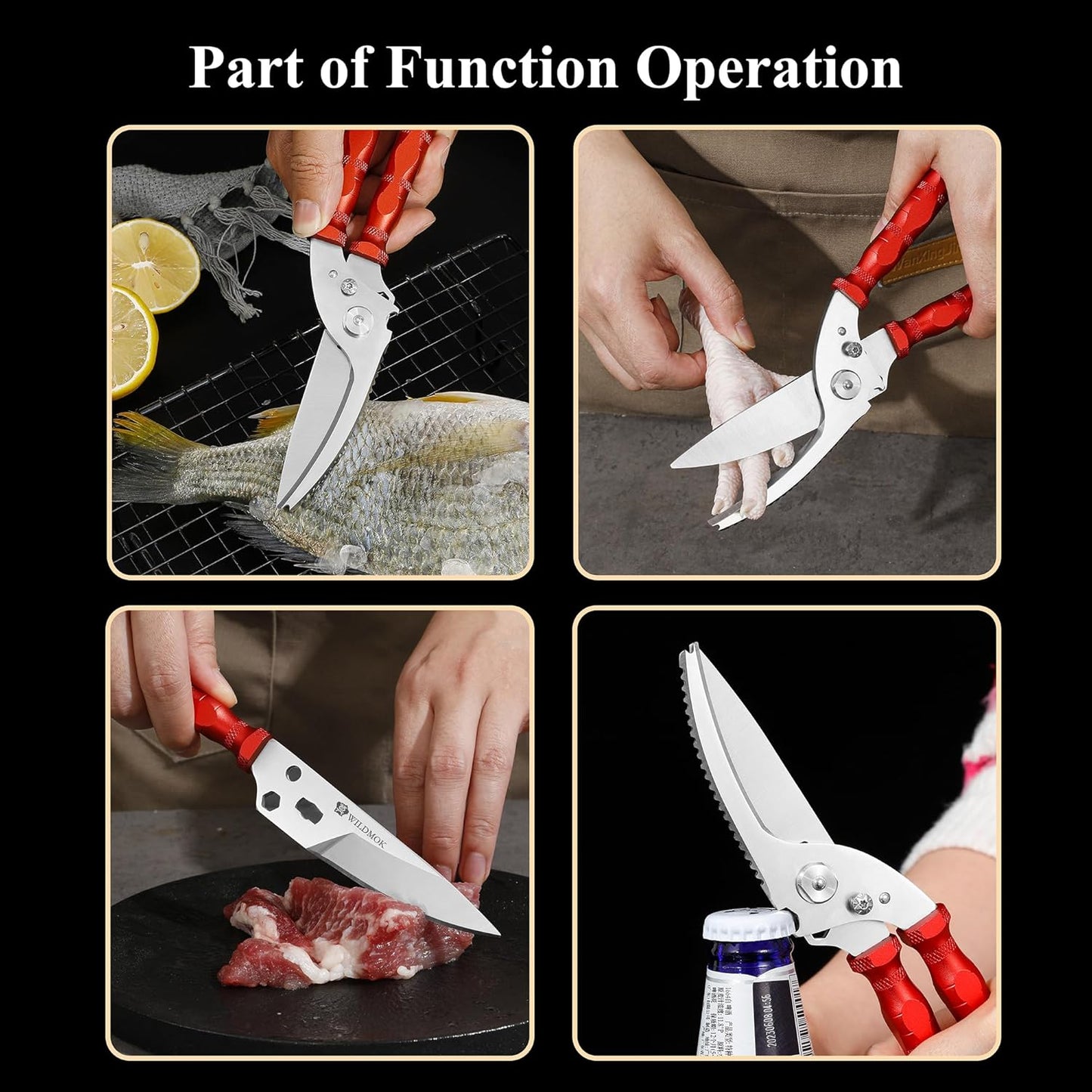 WILDMOK Heavy Duty Poultry Shears - 8.5 Inch Multi-function Stainless Steel Poultry Outdoor Shears, Ultra Sharp Kitchen Scissors for Outdoor Camp, Red